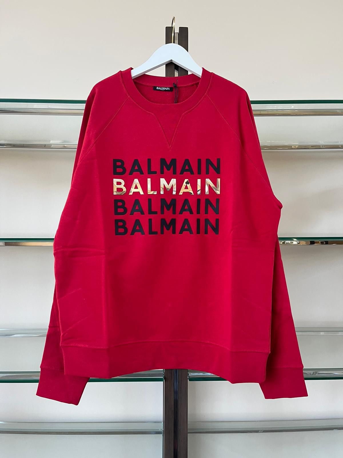 image of Logo Pullover Balmain Balmain Balmain Crewneck Sweater in Red, Men's (Size 2XL)