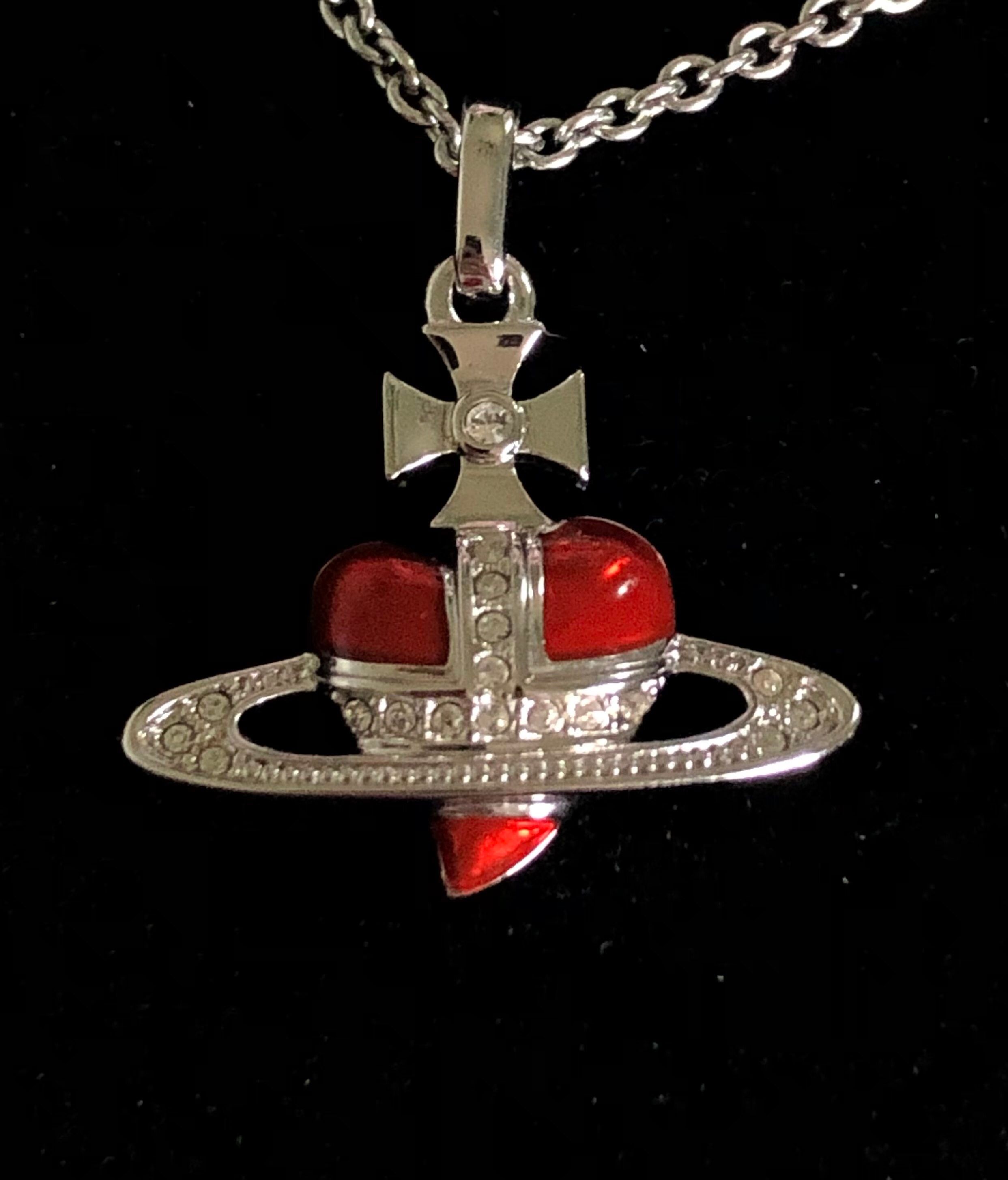 Vivienne Westwood Red Diamante Heart Necklace Silver Near Mint