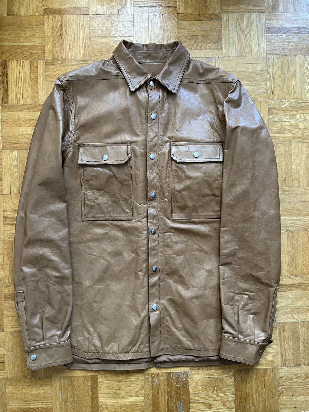 Rick Owens NEW 52 Tan Honey Calf Leather Crippled Overshirt Jacket