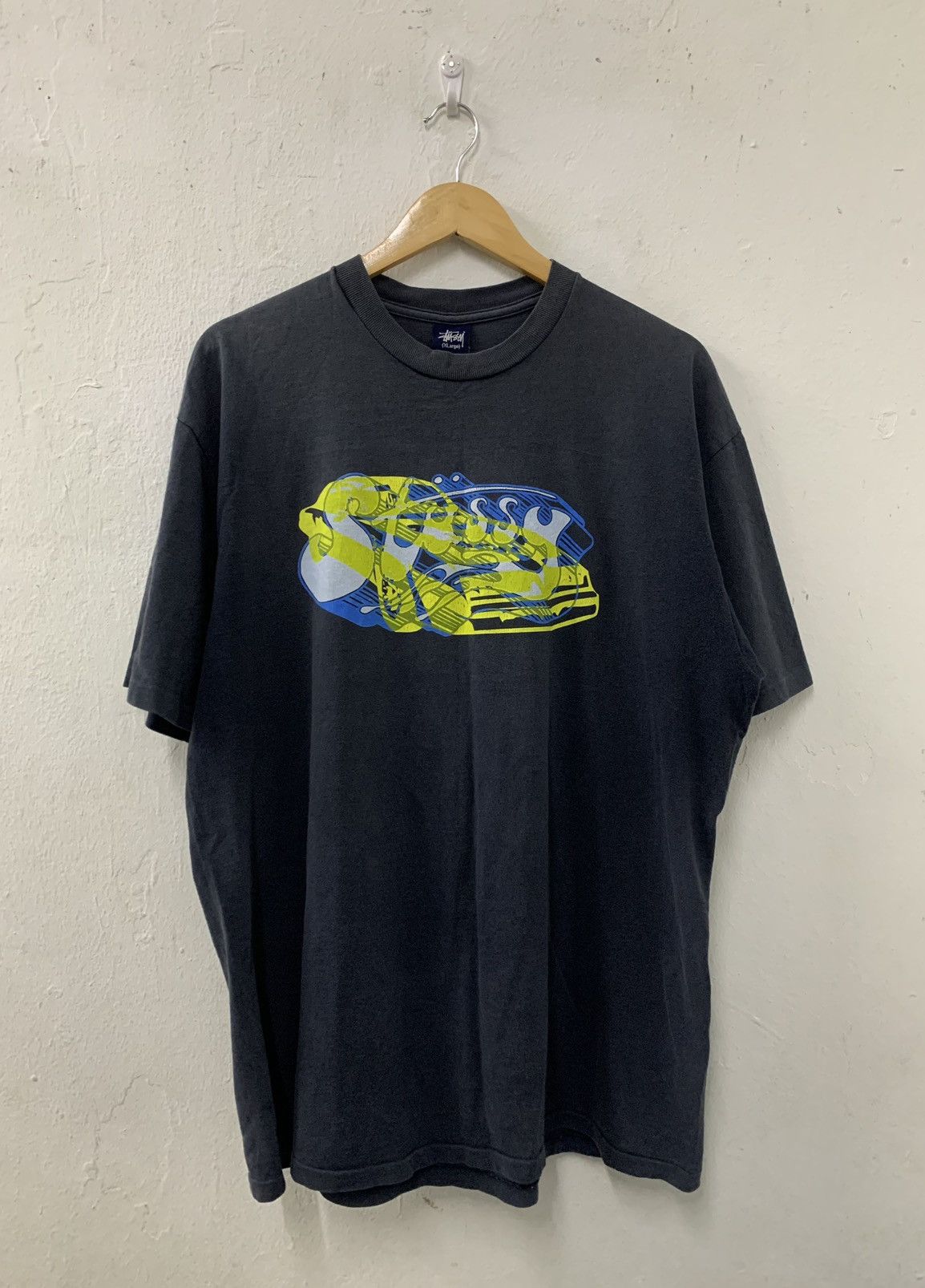 image of Stussy Racing Car Print Distressed Shirt in Faded Black, Men's (Size XL)