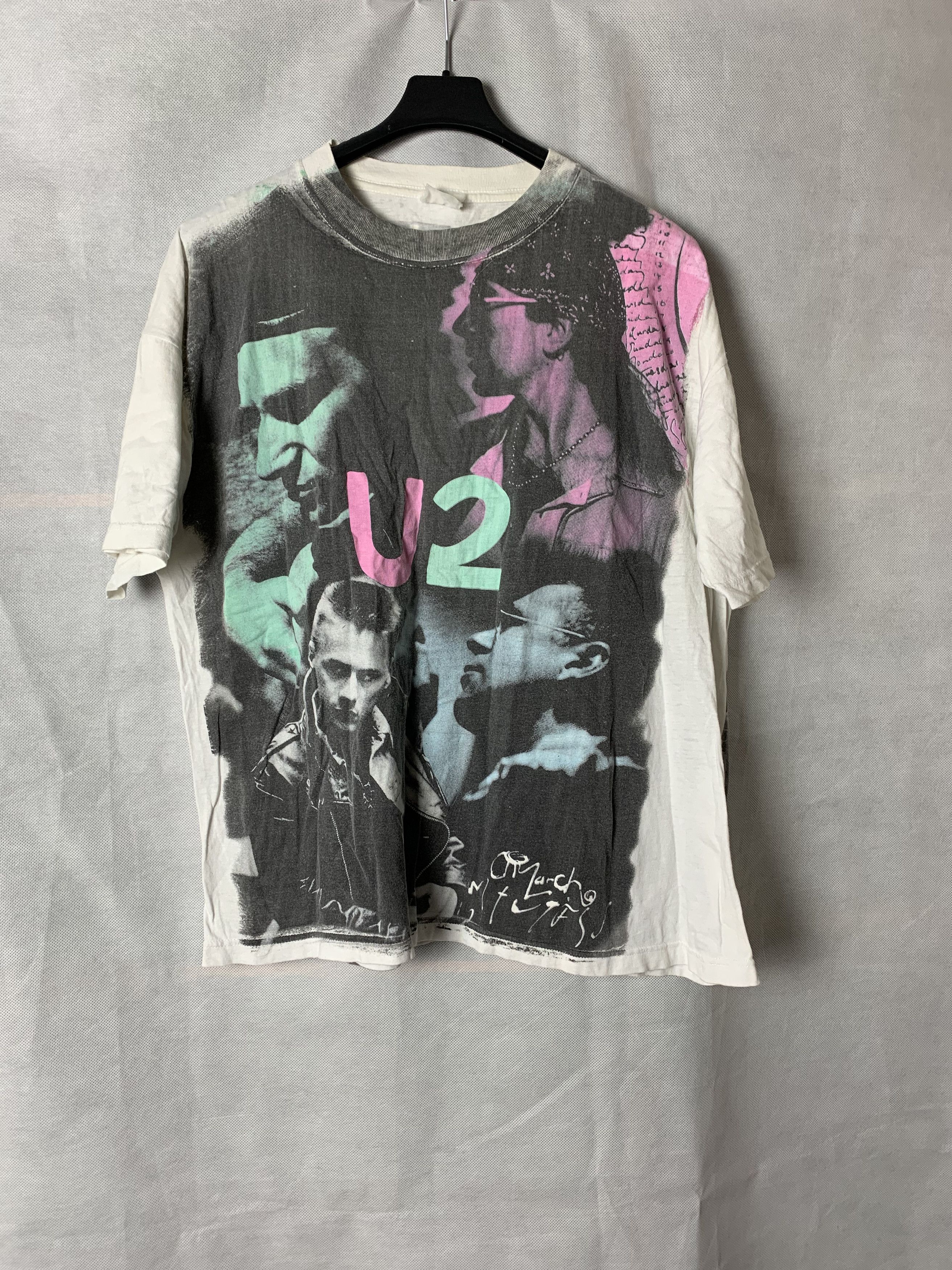 image of U2 Zoo Tv Achtung Baby Tour Acid Wash Bleach Vintage T-Shirt in Black White, Men's (Size XL)