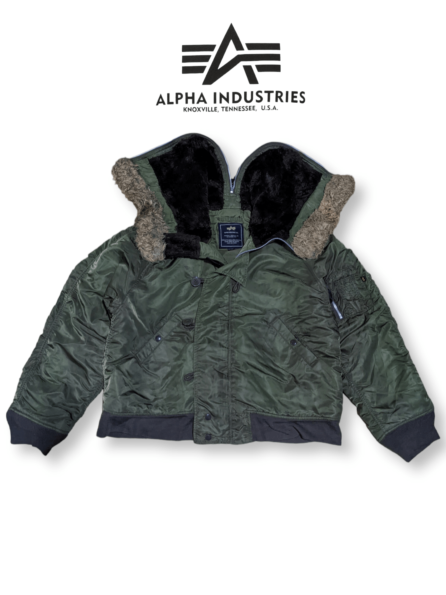 image of Alpha x Alpha Industries N-2B Airborne Fur Bomber Jacket in Army Green, Men's (Size XL)