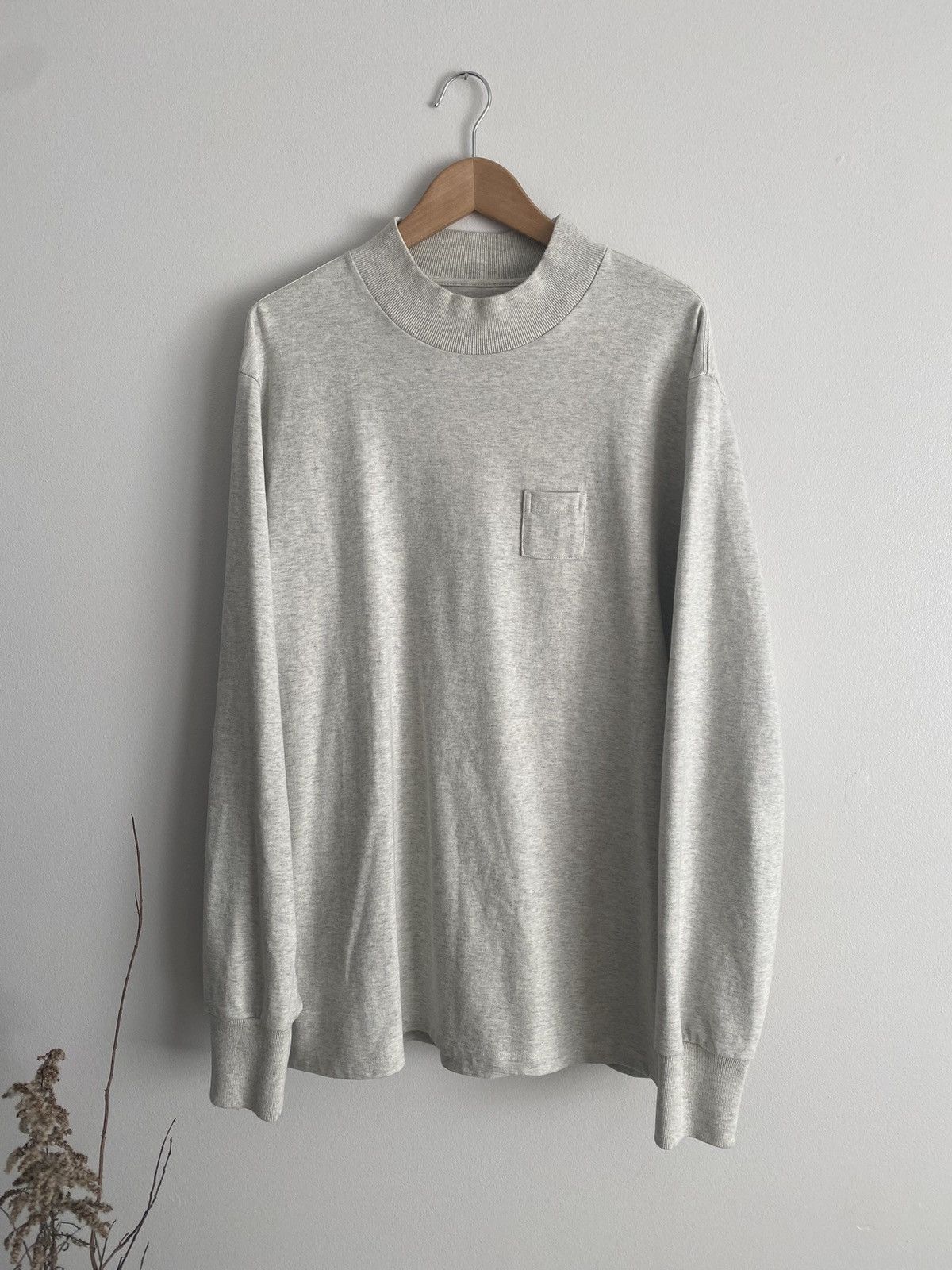 Long Sleeve Heavy Cotton Grey Oatmeal Dime Pocket Mock Neck