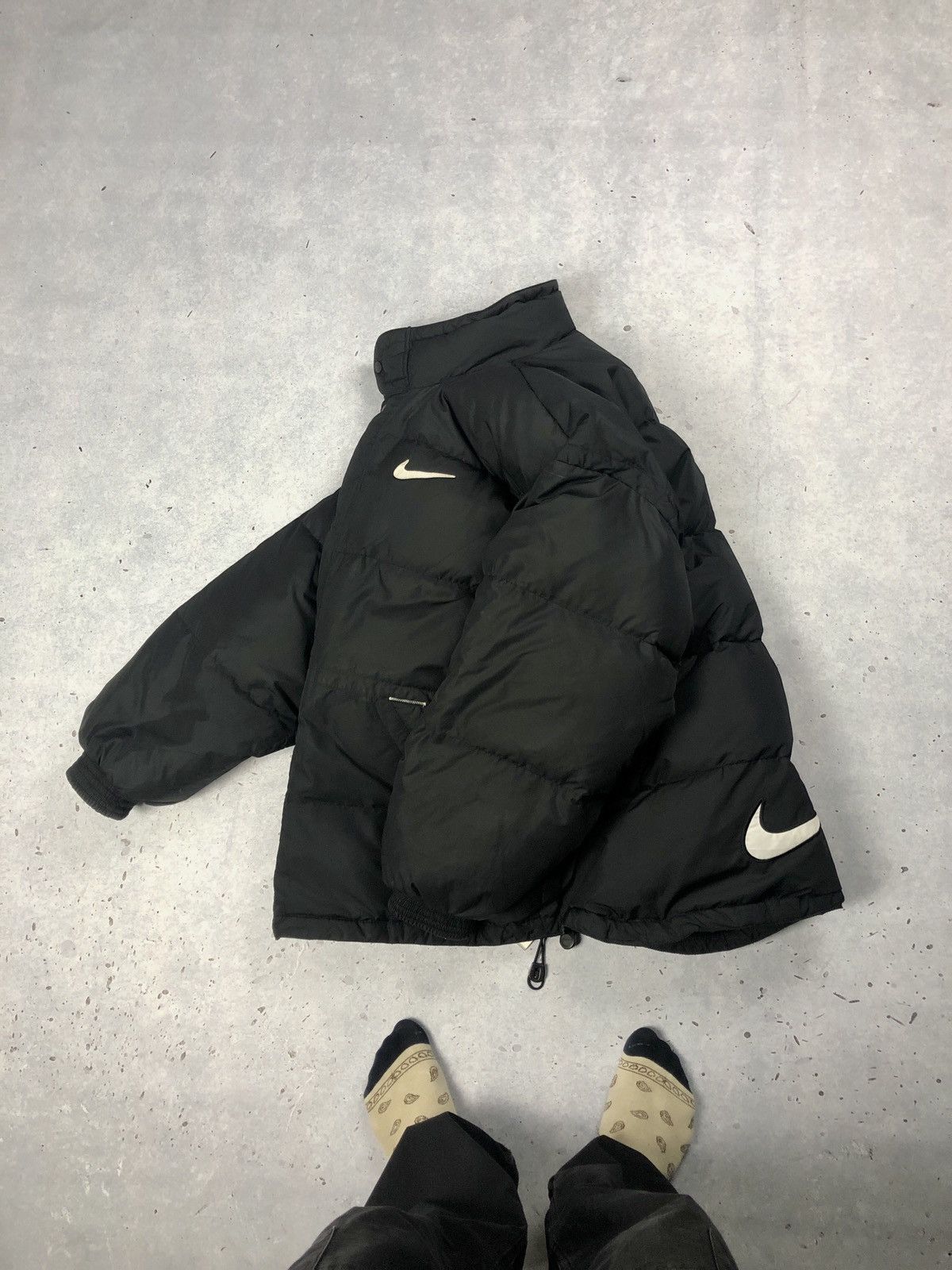 image of Y2K Nike Big Swoosh Down Jacket 90's in Black, Men's (Size 2XL)