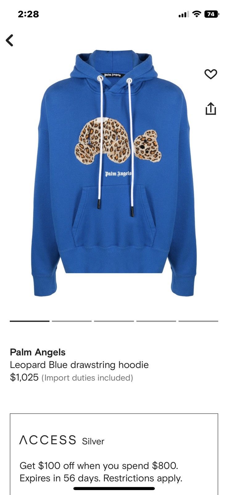 Palm Angels Palm Angels Leopard Blue Drawstring Hoodie 🧸 Size US S / EU 44-46 / 1 - 6 Thumbnail