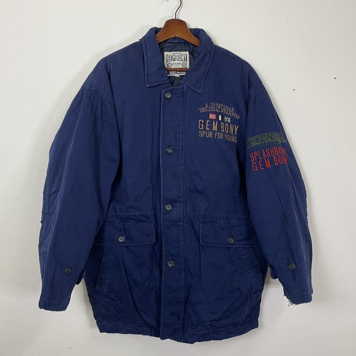 image of Designer Vintage Gembony Embroidery Big Logo Jacket in Dark Blue, Men's (Size XL)