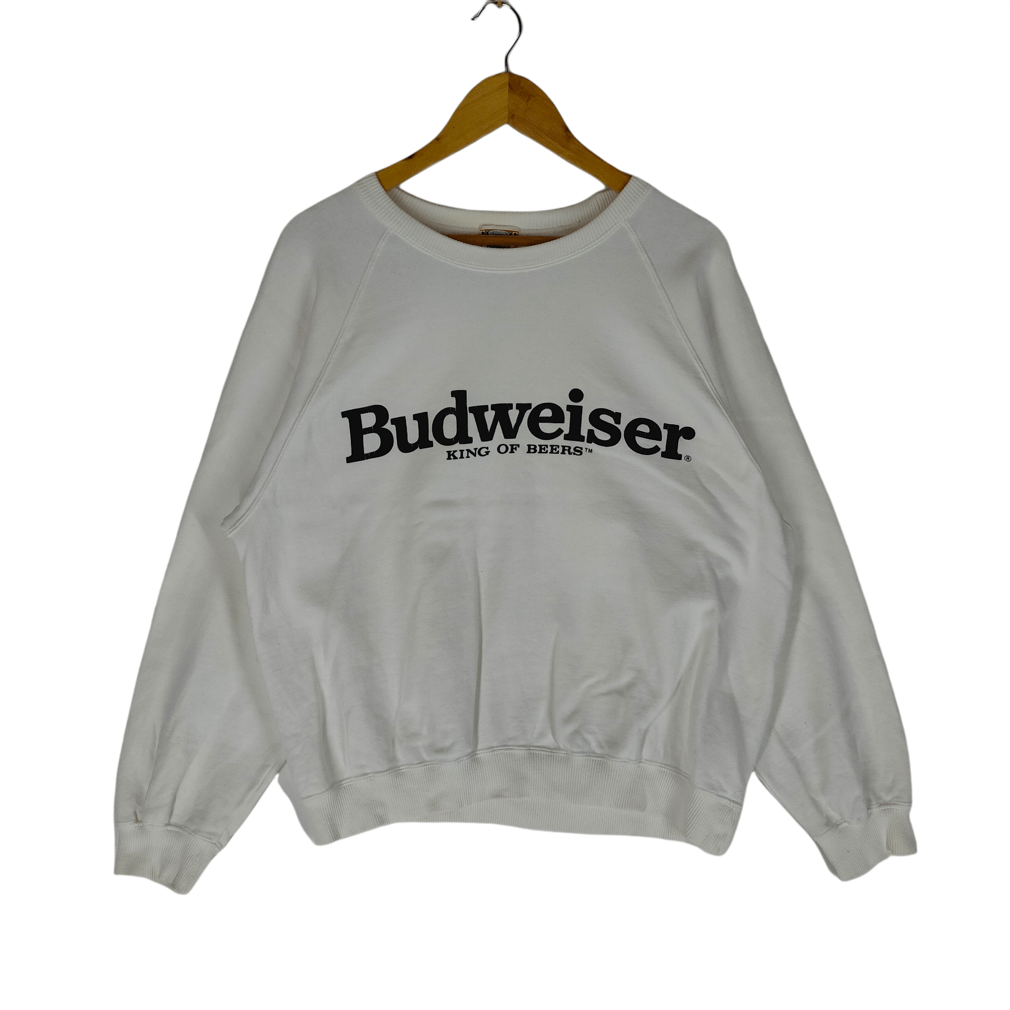 image of Budweiser King Of Beer Spellout Drink Brand Sweatshirt in White Pink, Men's (Size Large)