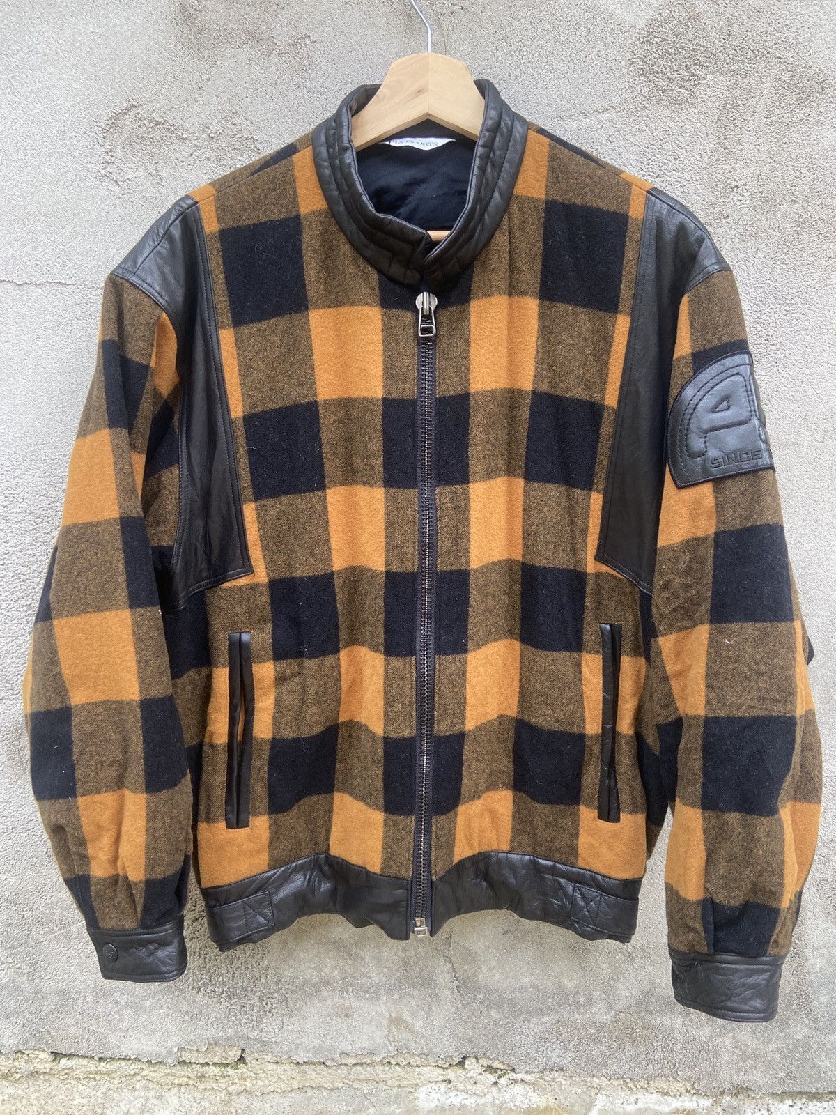 Japanese Brand × Vintage Vintage Pia Sports Checkered Wool Leather Bomber Jacket Size US L / EU 52-54 / 3 - 1 Thumbnail