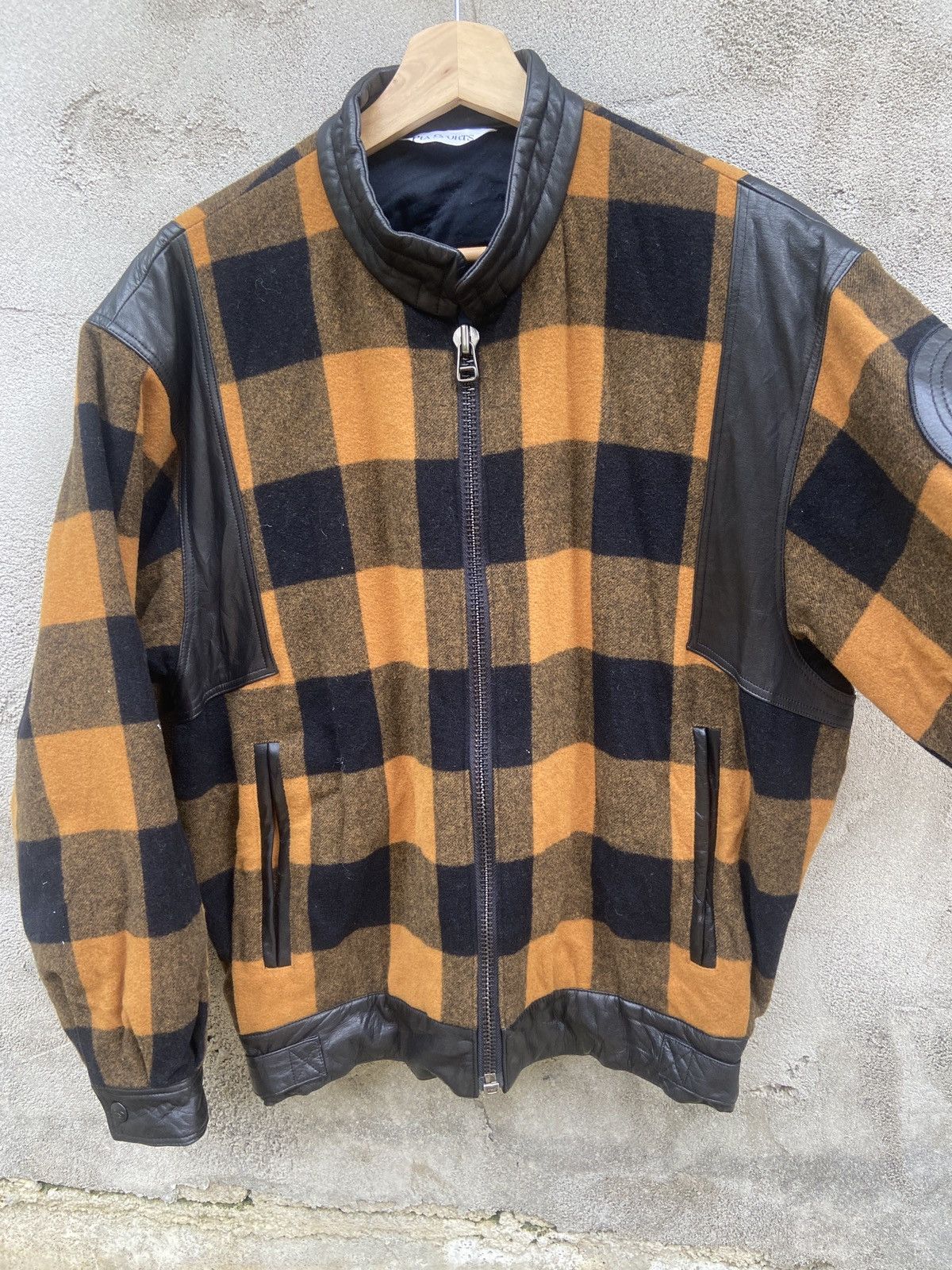 Japanese Brand × Vintage Vintage Pia Sports Checkered Wool Leather Bomber Jacket Size US L / EU 52-54 / 3 - 6 Thumbnail