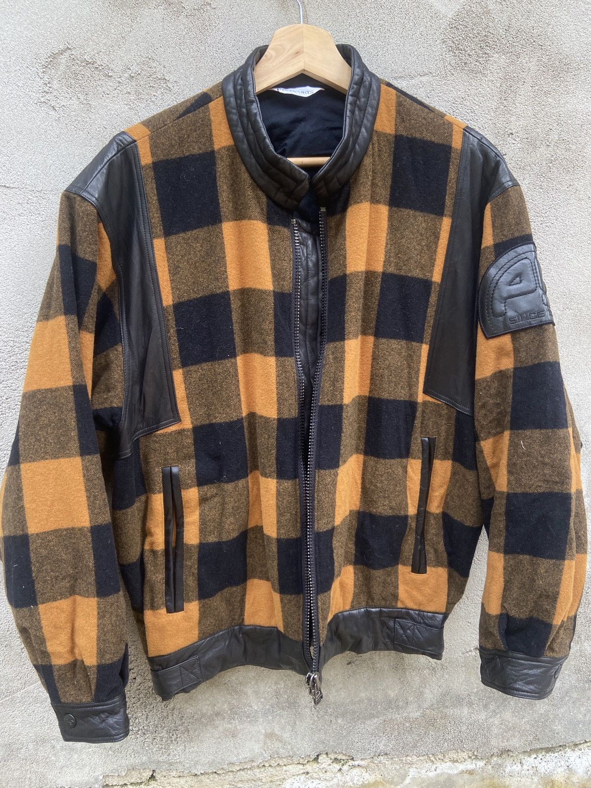 Japanese Brand × Vintage Vintage Pia Sports Checkered Wool Leather Bomber Jacket Size US L / EU 52-54 / 3 - 5 Thumbnail
