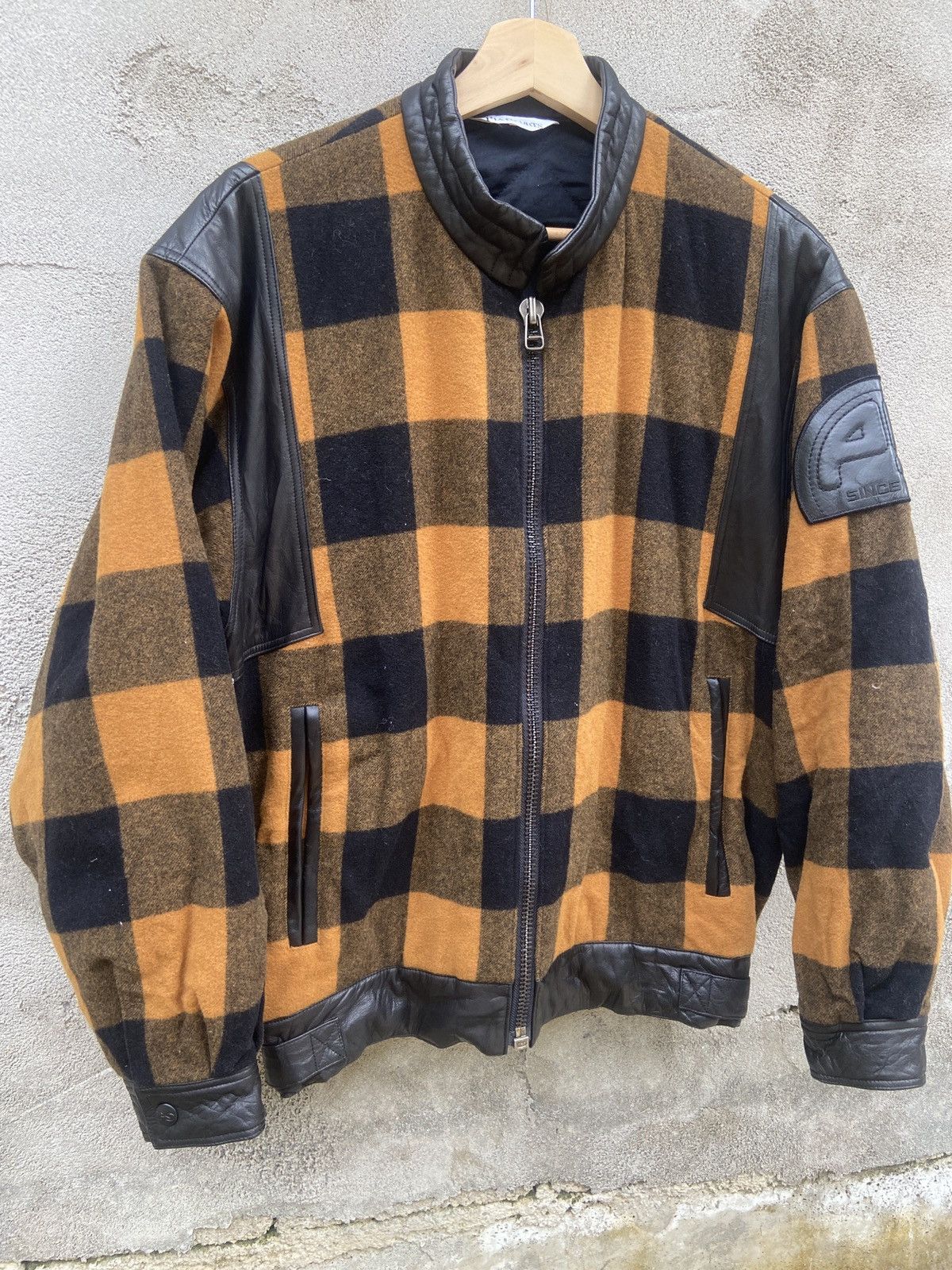 Japanese Brand × Vintage Vintage Pia Sports Checkered Wool Leather Bomber Jacket Size US L / EU 52-54 / 3 - 4 Thumbnail