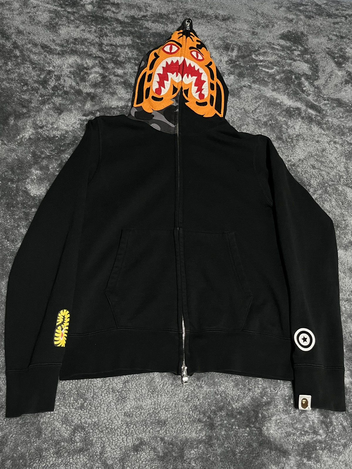Bape Bape 2007 Tiger Shark Funthera Camo Zip Hoodie Black Orange | Grailed