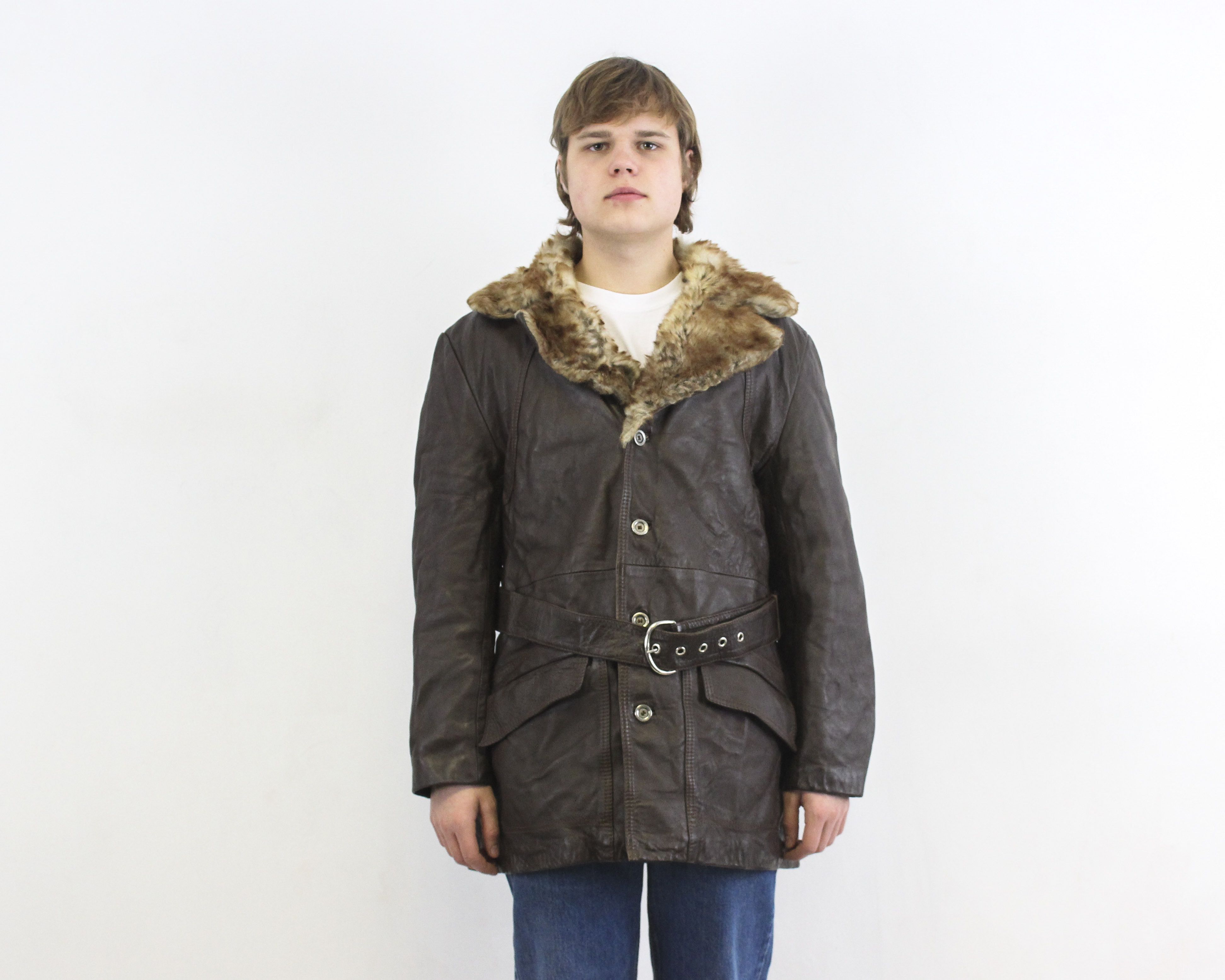 Vintage Leather Sherpa Fur Lining Belt Coat L Jacket Winter Mac EU26 Size US L / EU 52-54 / 3 - 1 Thumbnail