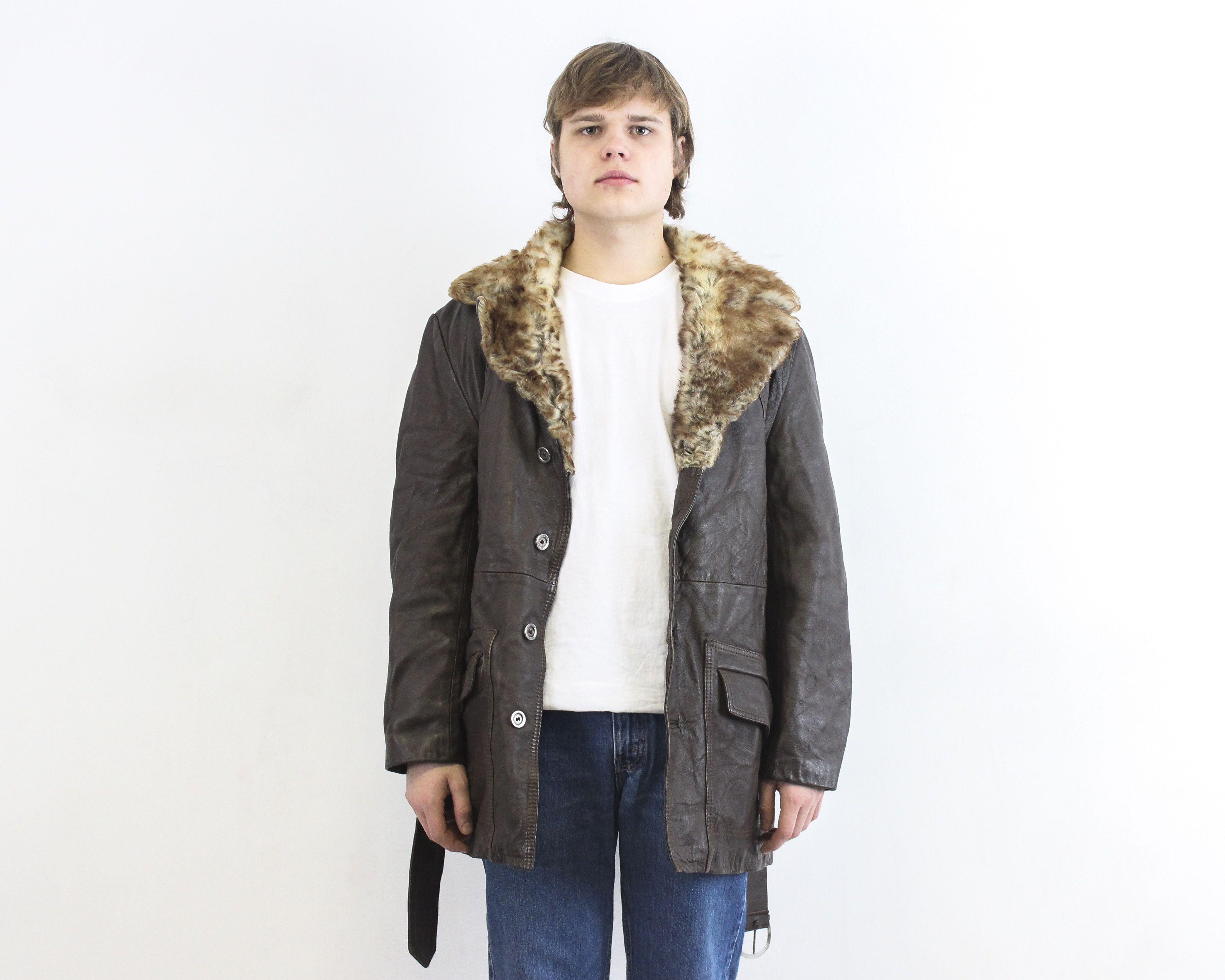 Vintage Leather Sherpa Fur Lining Belt Coat L Jacket Winter Mac EU26 Size US L / EU 52-54 / 3 - 3 Thumbnail
