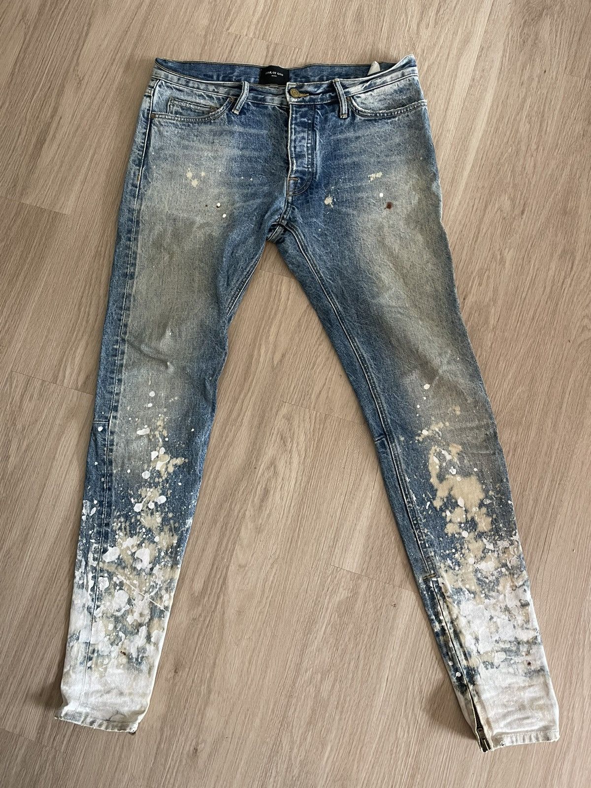 image of Fear Of God Selvedge Painted Paint Splash Denim in Indigo, Men's (Size 33)