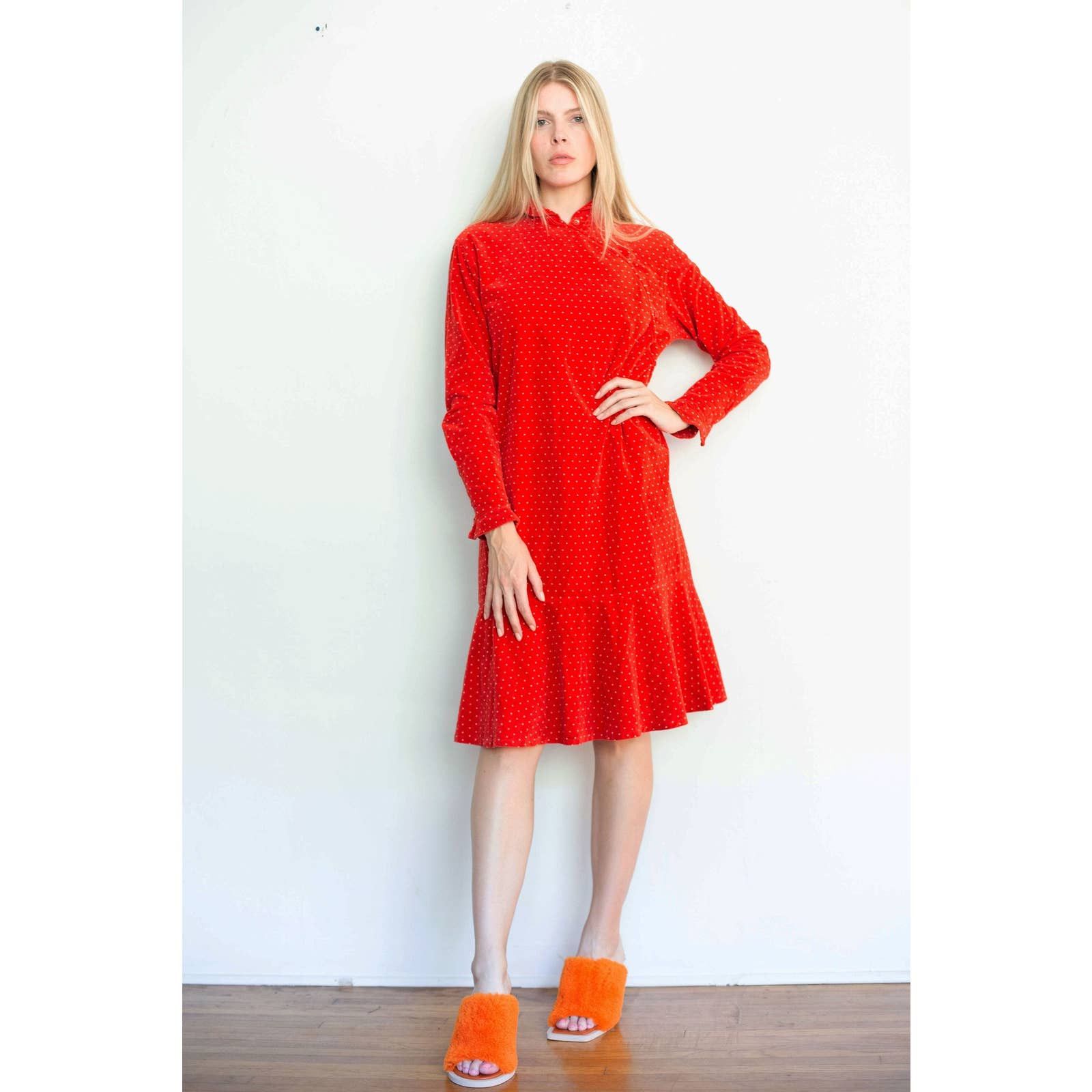 Vintage KENZO c 1981 Rare Red Polka Dot Cotton Velvet Dress