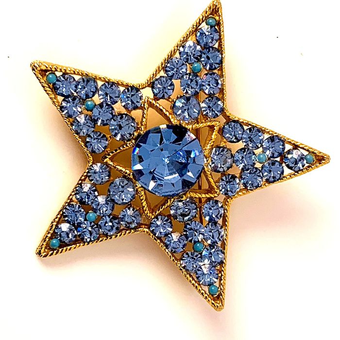 Other BSK Star Figural Brooch Blue Rhinestones Signed Chatons Gold ...