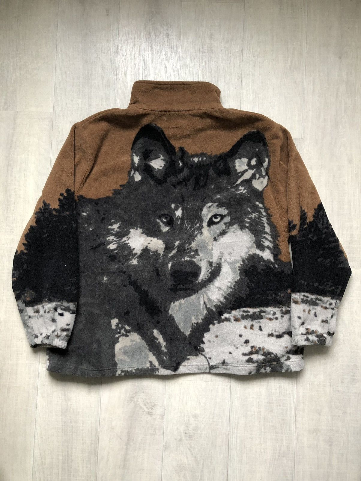 Vintage Vintage Wolf Fleece Animal Full Print Fleece Jacket Size L