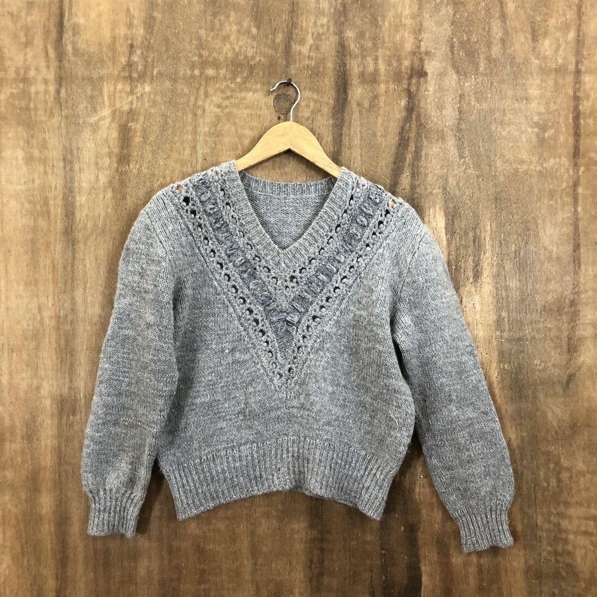 image of Art x Coloured Cable Knit Sweater Grey Knitwear Distressed Style158 (Size Medium)