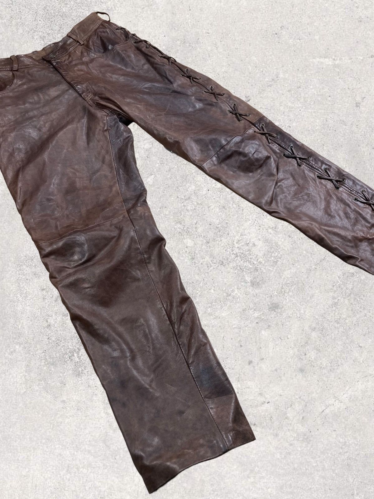 Genuine Leather Vintage Genuine Leather Biker Brown Laced Pants Size 33 Size US 33 - 3 Thumbnail