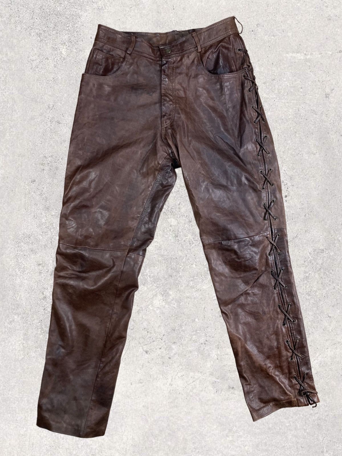 Genuine Leather Vintage Genuine Leather Biker Brown Laced Pants Size 33 Size US 33 - 2 Thumbnail