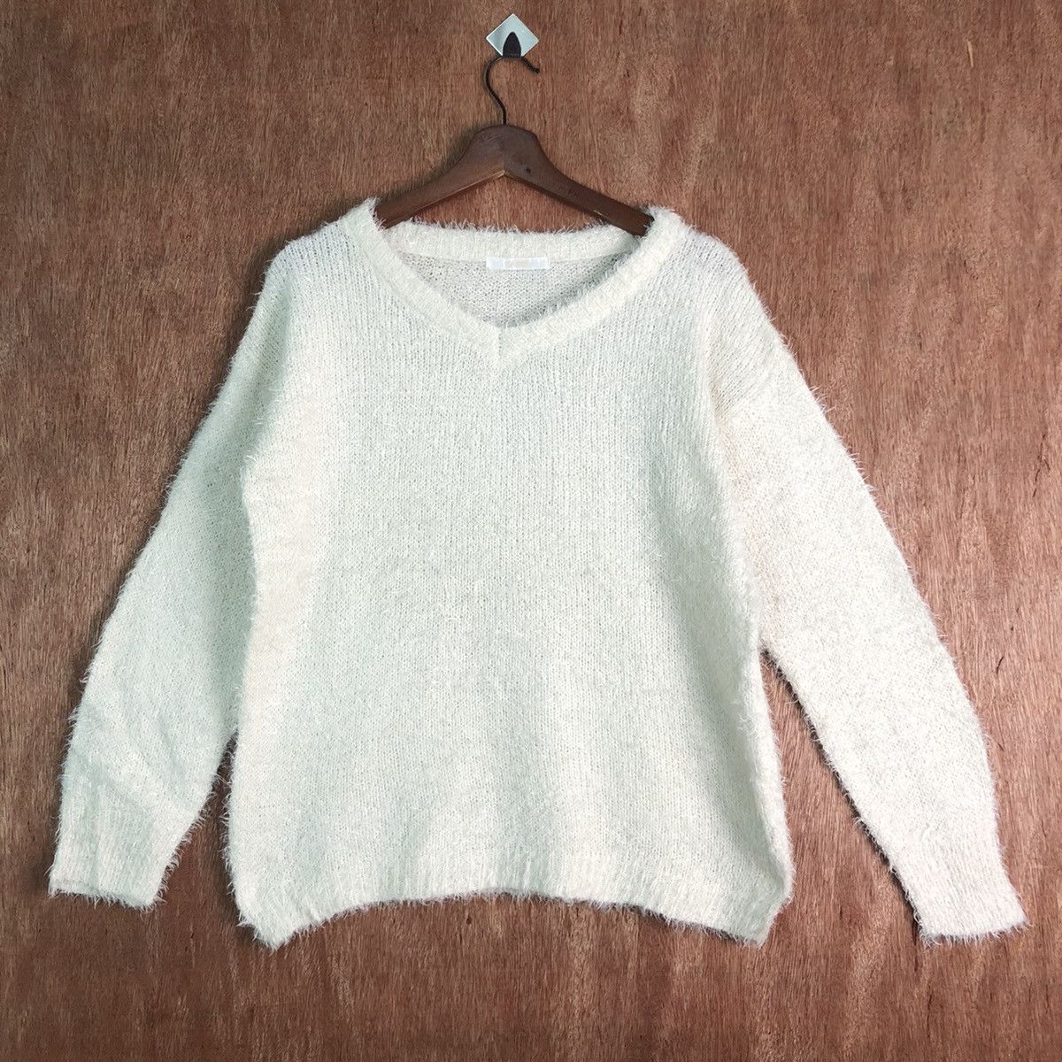 image of Coloured Cable Knit Sweater x Homespun Knitwear Casse Cream Mohair Shag Shaggy Fur Knitwear (Size M