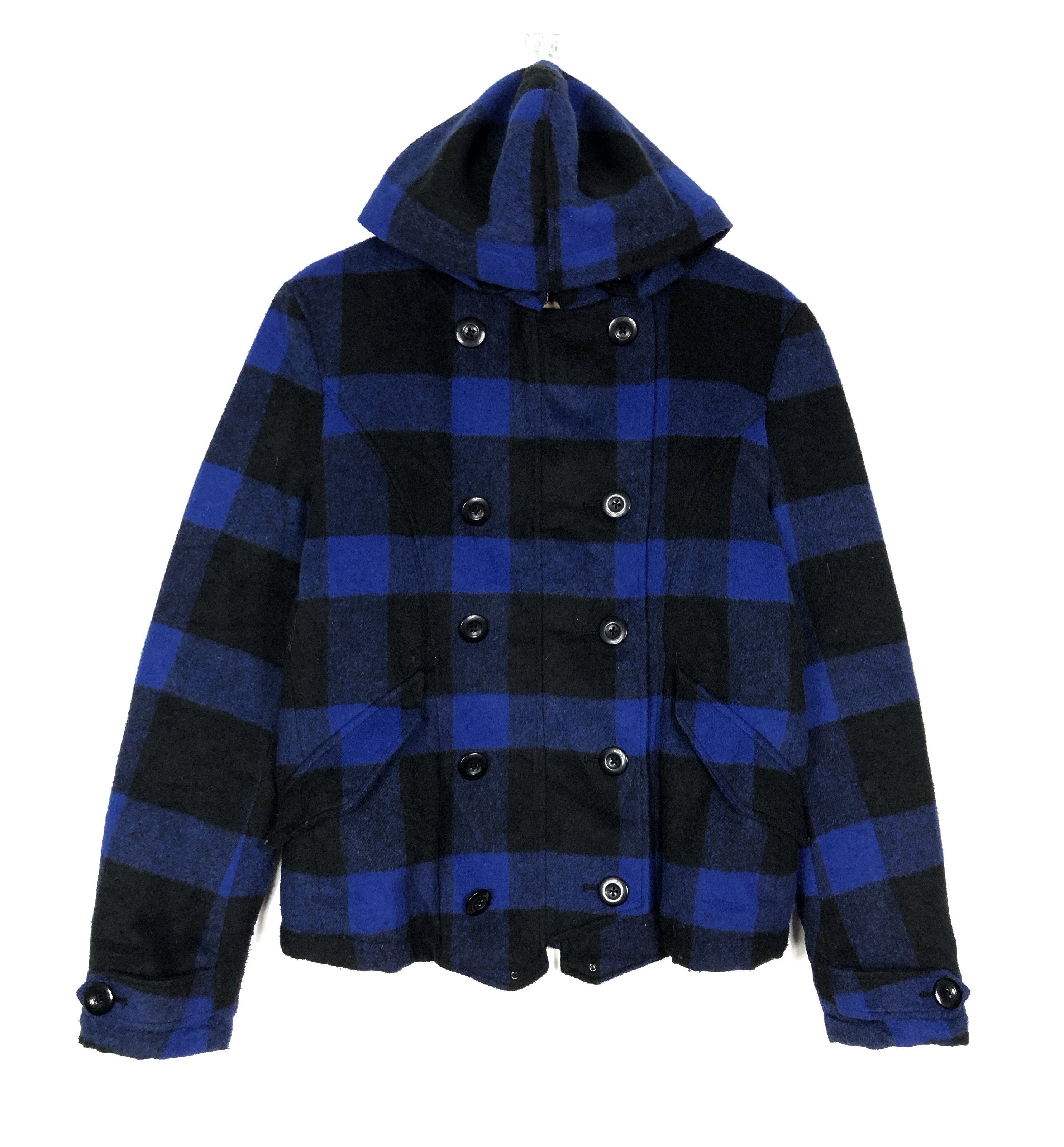 VINTAGE PPFM BLUE PLAID HOODED WOOL BLEND JACKET