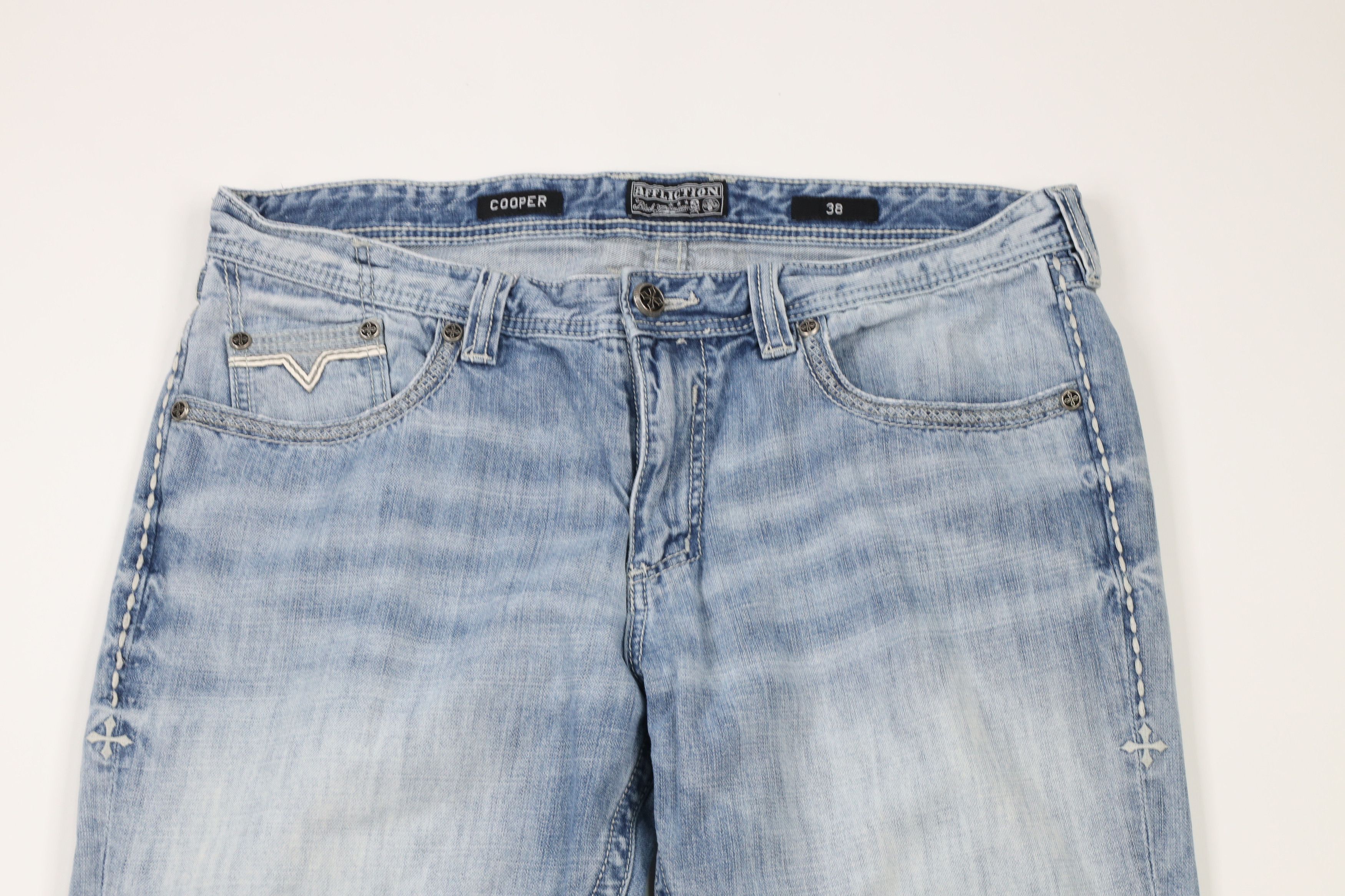 Affliction × Vintage Affliction Cooper Thick Stitch MMA Wide Leg Denim Jeans Blue Size US 38 / EU 54 - 2 Thumbnail
