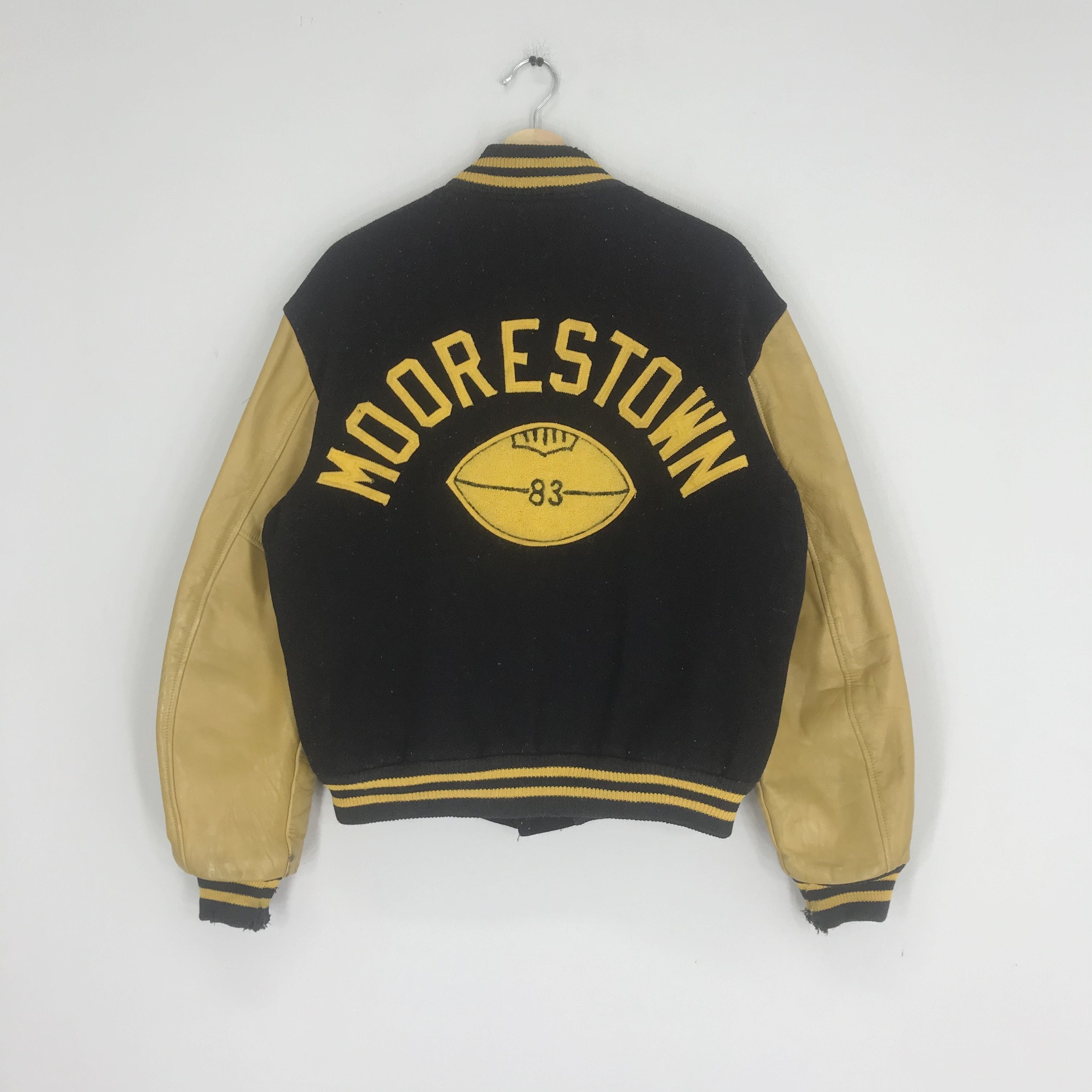 image of Leather Jacket x Made In USA Vintage 80's Butwin Moorestown For Champion Varsity Jacket in Black/Ye