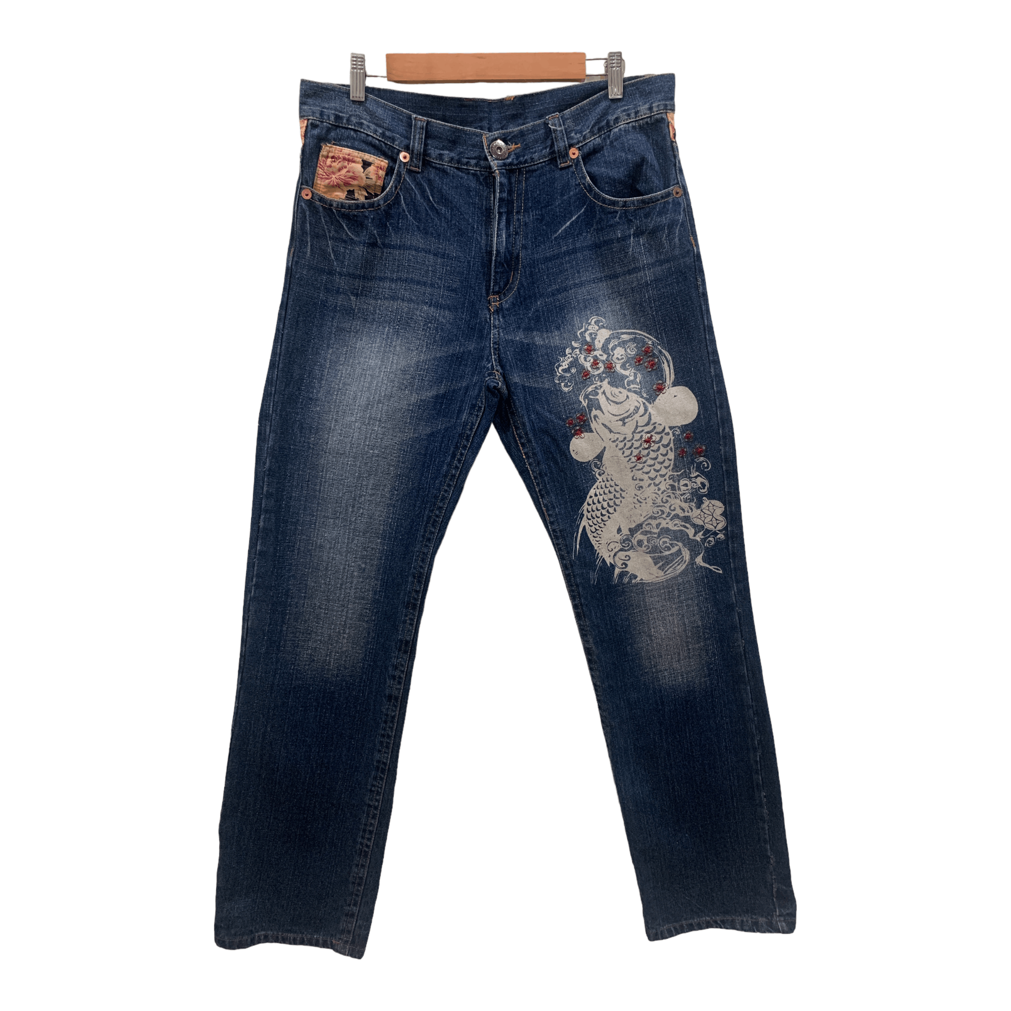 image of Rockers Nishikigoi Printed Jeans Fish Carp Japanese Traditional in Blue, Men's (Size 34)