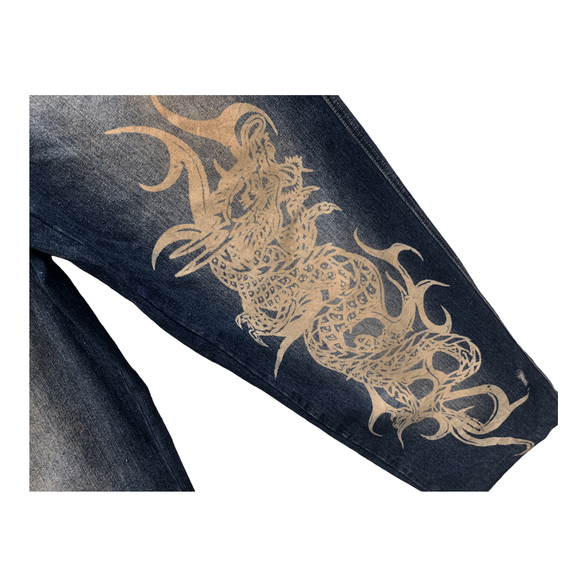 Japanese Brand Top Town Dragon Print Denim Jeans Size US 33 - 8 Thumbnail