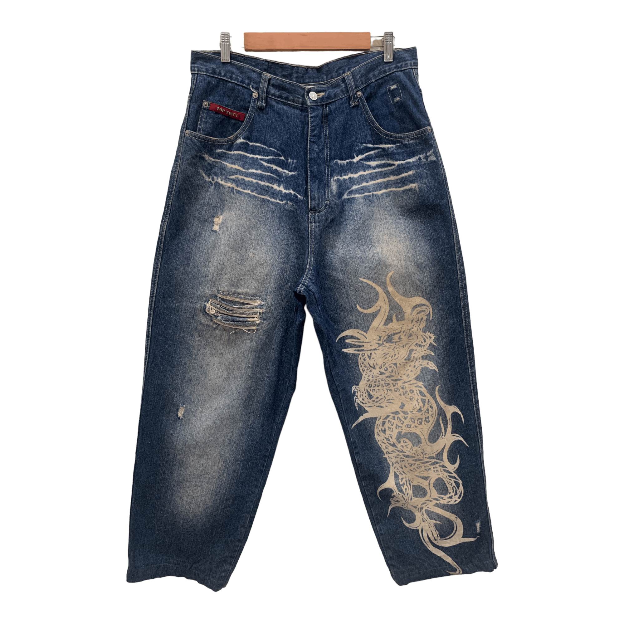 Japanese Brand Top Town Dragon Print Denim Jeans Size US 33 - 1 Thumbnail