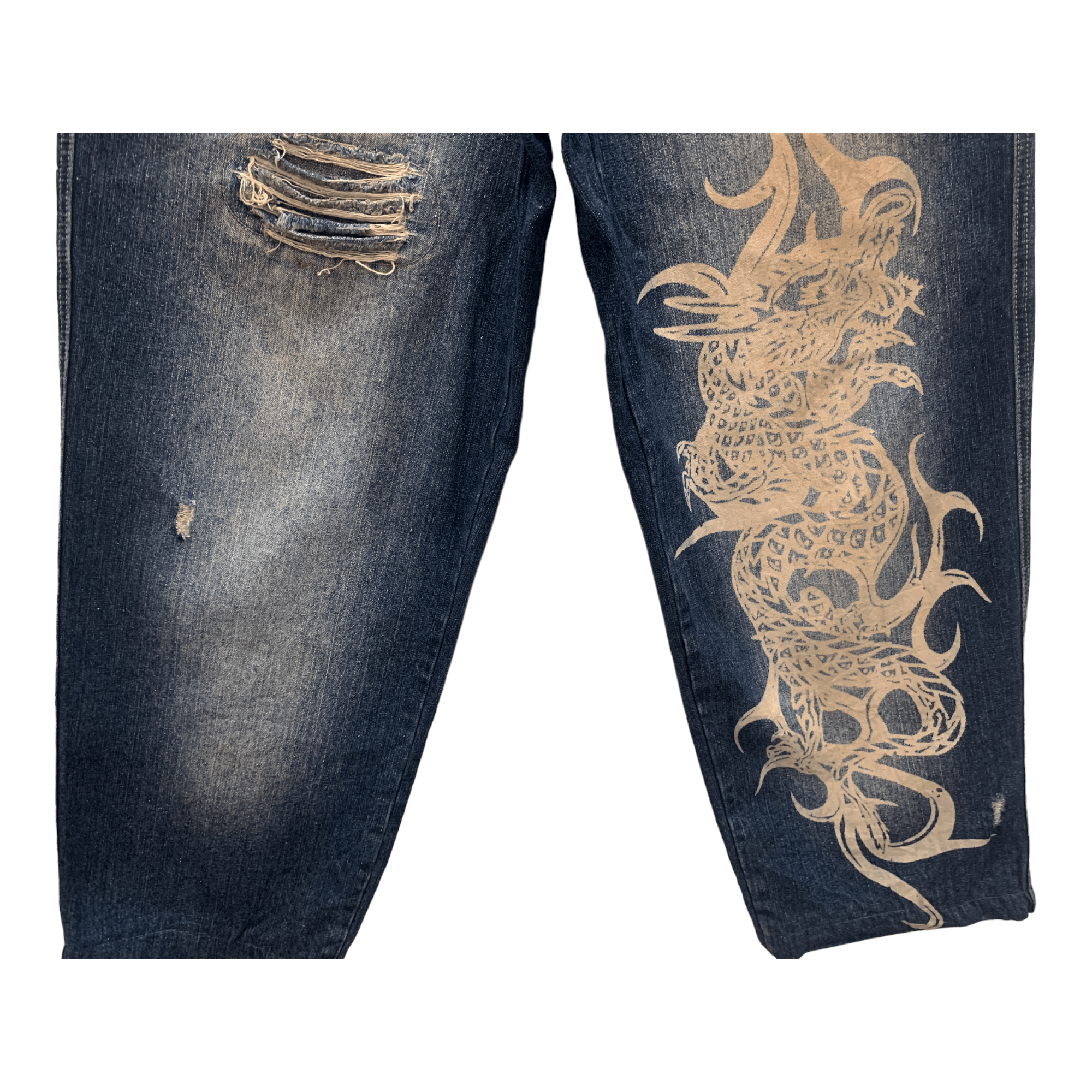 Japanese Brand Top Town Dragon Print Denim Jeans Size US 33 - 3 Thumbnail