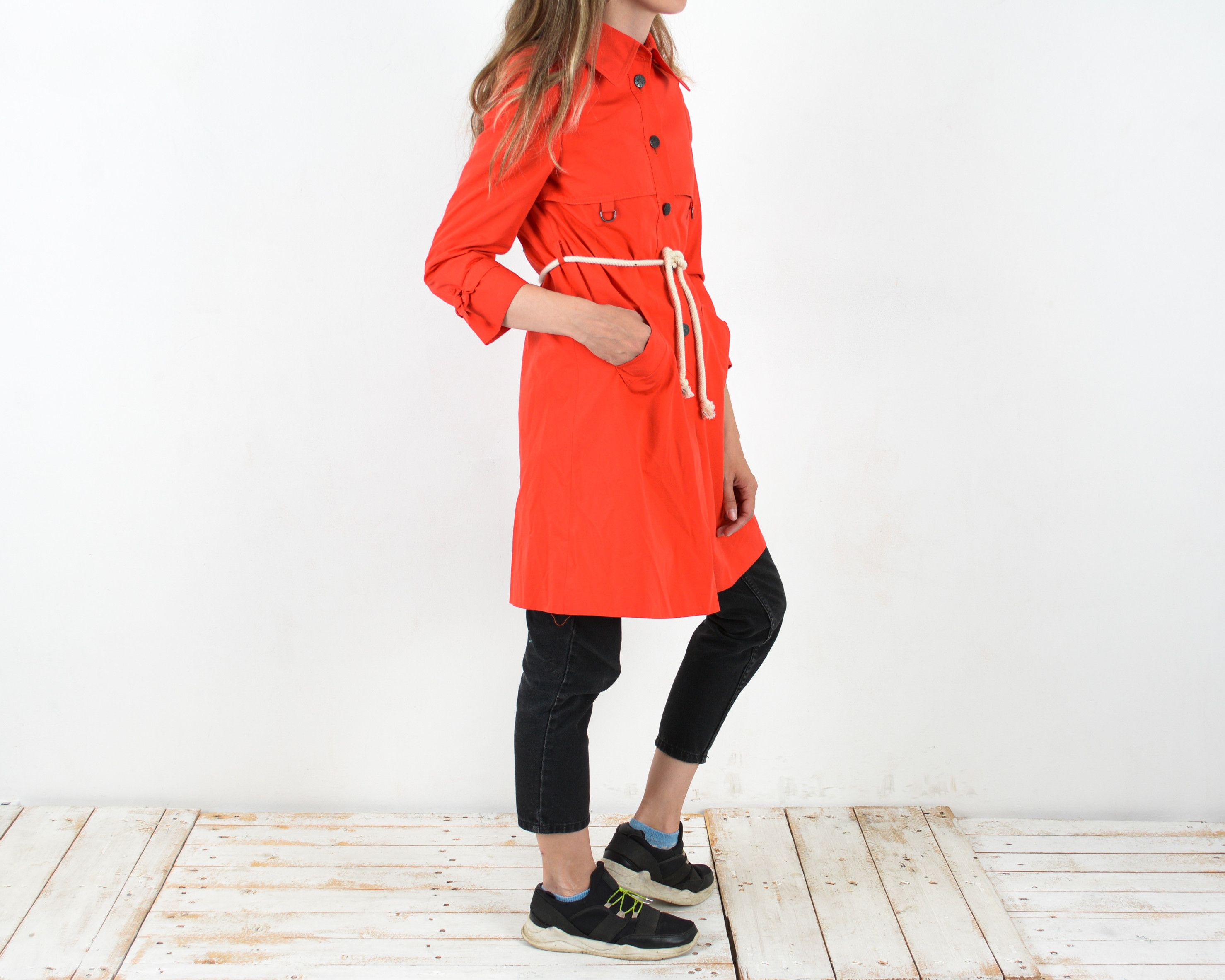 Vintage Norwegian Women's 90's XS Jacket Red Long Raincoat Trench Size XS / US 0-2 / IT 36-38 - 2 Thumbnail