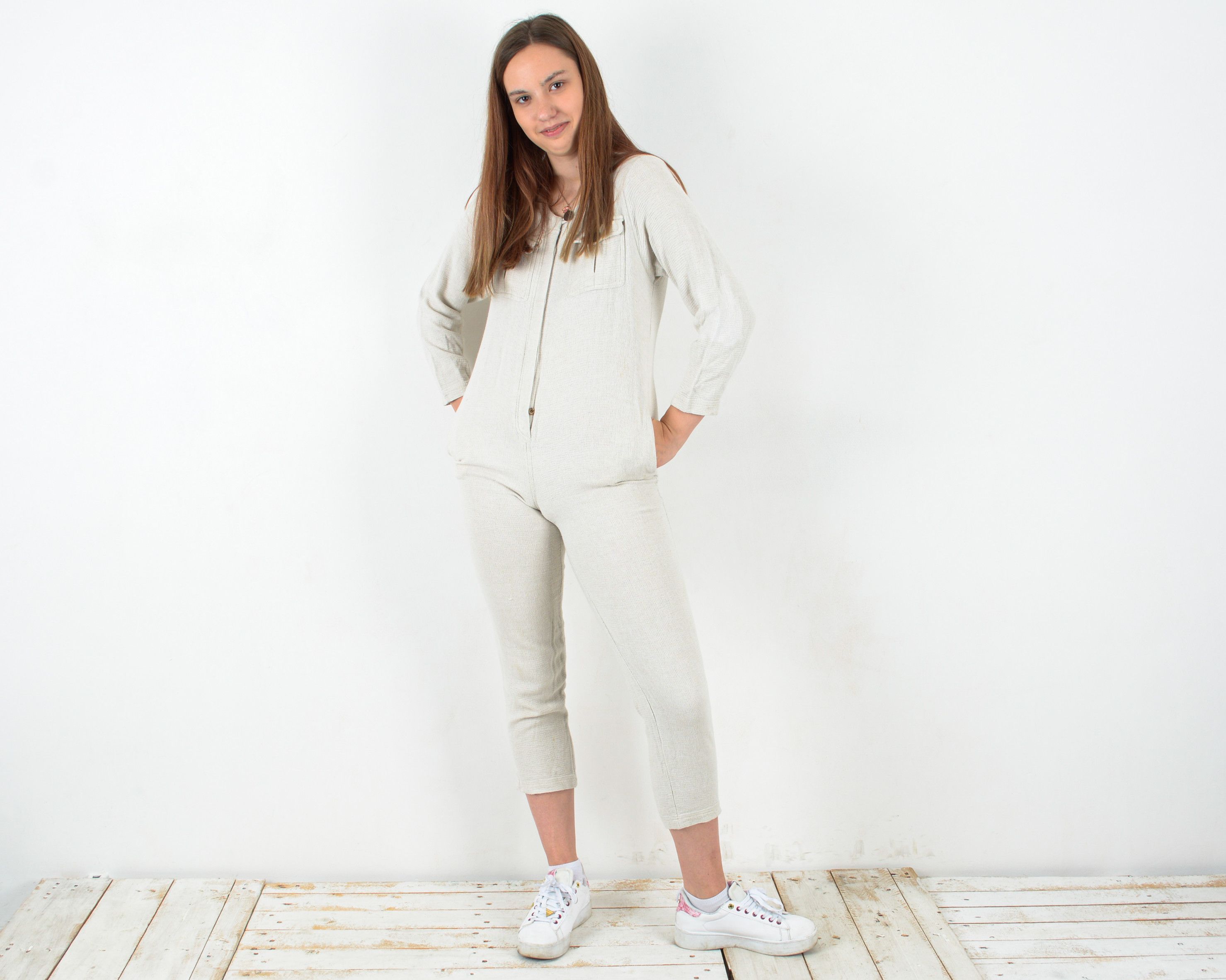 Vintage Vintage Women's XS Linen Jumpsuit Overalls Long Sleeve Comfy Size 24" / US 00 / IT 34 - 1 Thumbnail