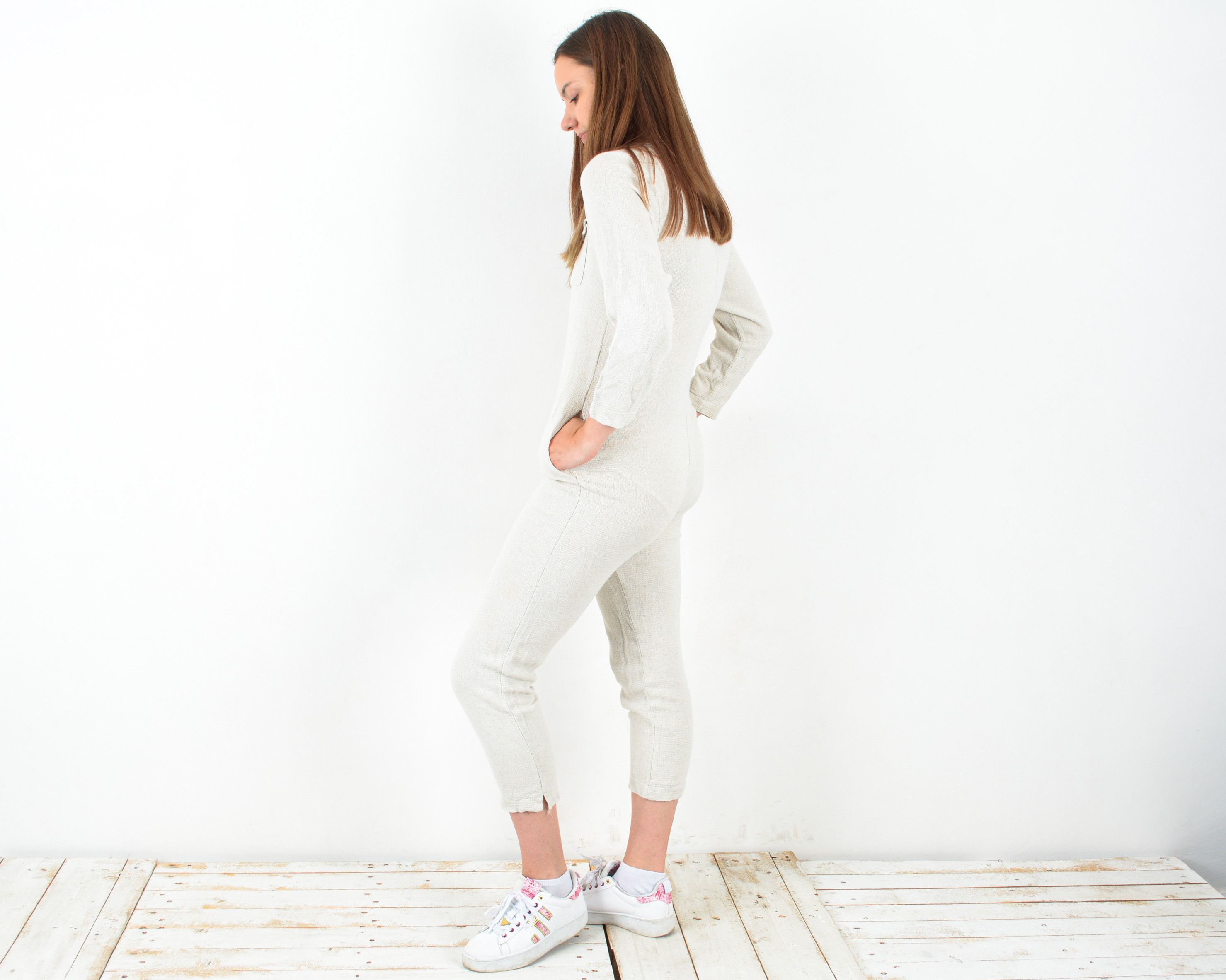 Vintage Vintage Women's XS Linen Jumpsuit Overalls Long Sleeve Comfy Size 24" / US 00 / IT 34 - 2 Thumbnail
