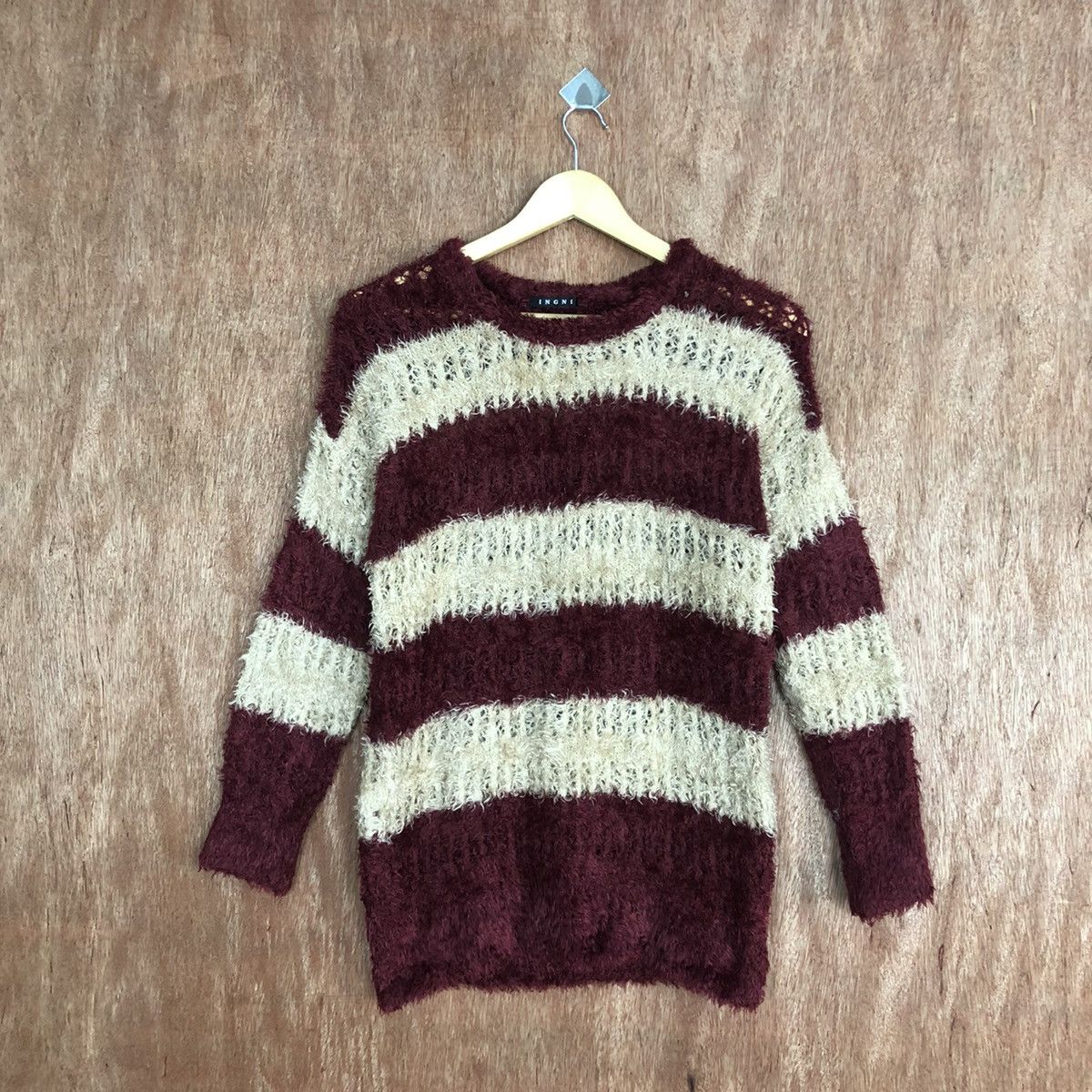 image of Coloured Cable Knit Sweater x Over The Stripes Ingni Mohair Stripe Knitwear Sweater 0467 (Size Medi