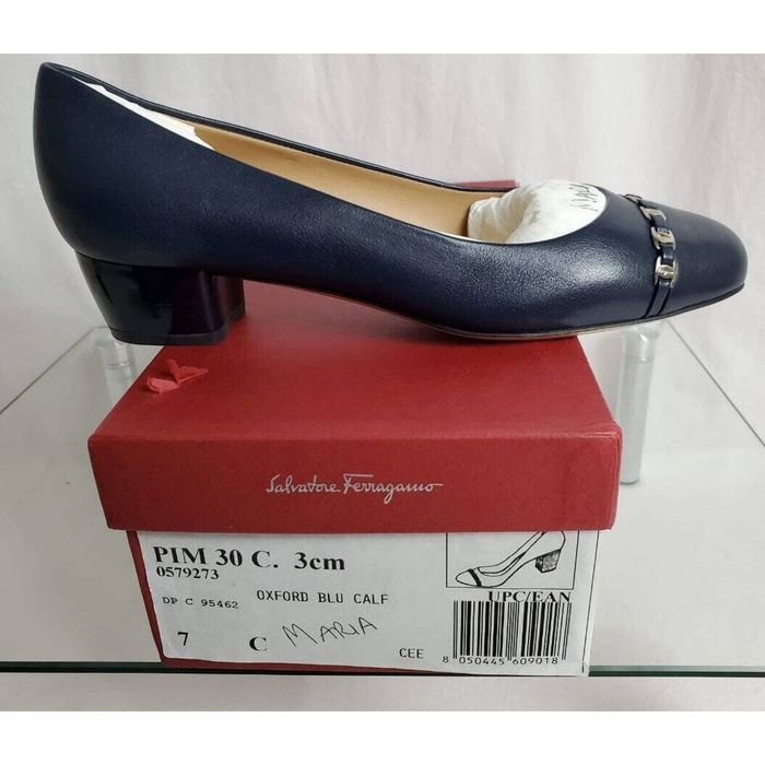 Salvatore Ferragamo Navy Blue Leather Pim Chain Ballet Flats Size