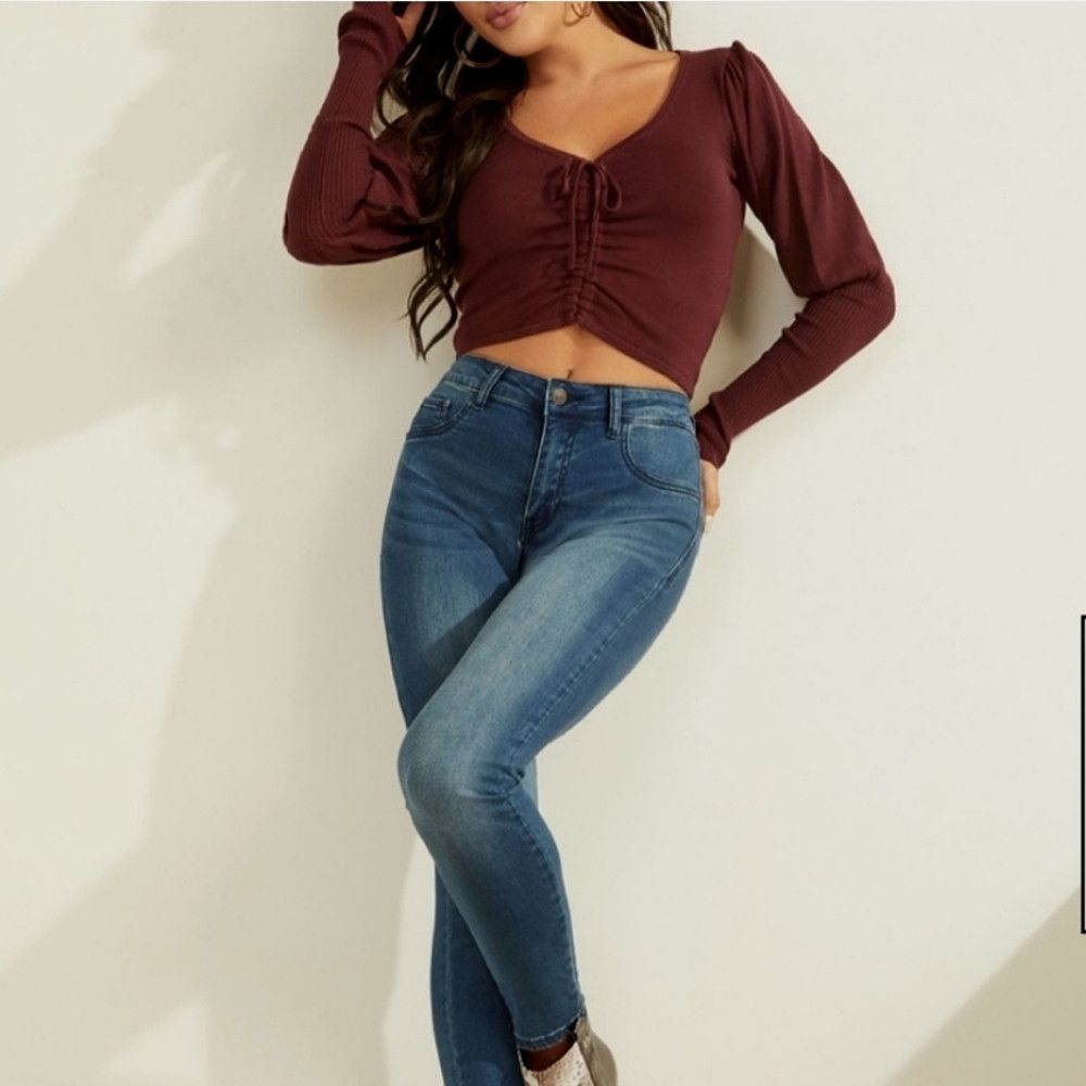 Guess Layla Cherry Wood Puffy Slv V-Neck Cropped Cinched Sweater Size XS / US 0-2 / IT 36-38 - 2 Thumbnail