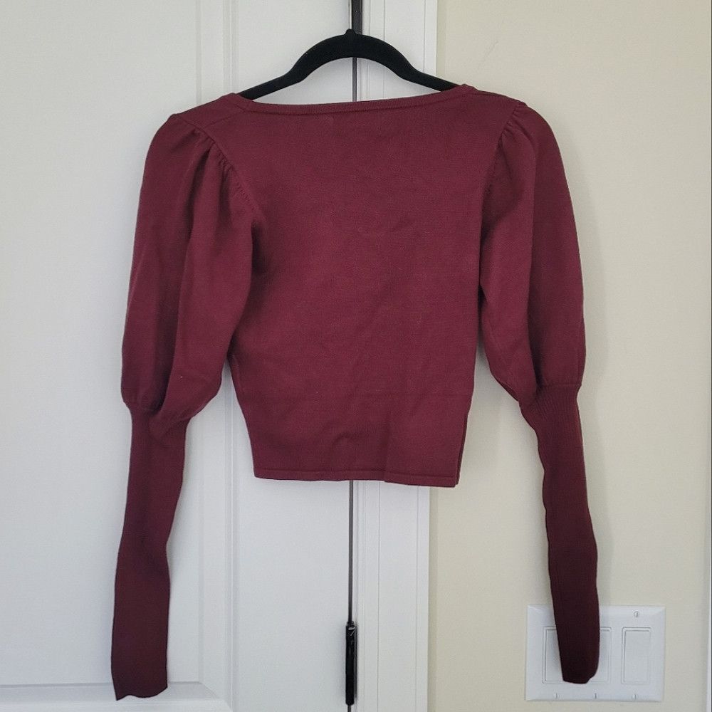 Guess Layla Cherry Wood Puffy Slv V-Neck Cropped Cinched Sweater Size XS / US 0-2 / IT 36-38 - 5 Thumbnail