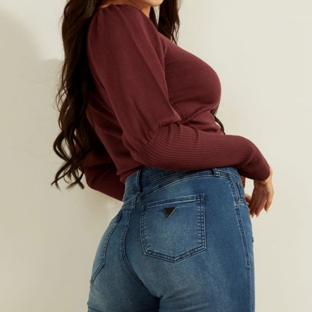 Guess Layla Cherry Wood Puffy Slv V-Neck Cropped Cinched Sweater Size XS / US 0-2 / IT 36-38 - 3 Thumbnail