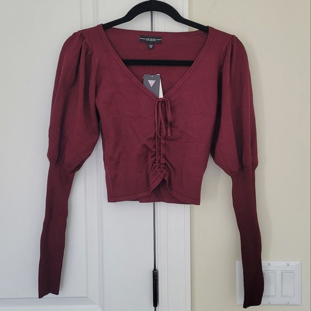 Guess Layla Cherry Wood Puffy Slv V-Neck Cropped Cinched Sweater Size XS / US 0-2 / IT 36-38 - 4 Thumbnail