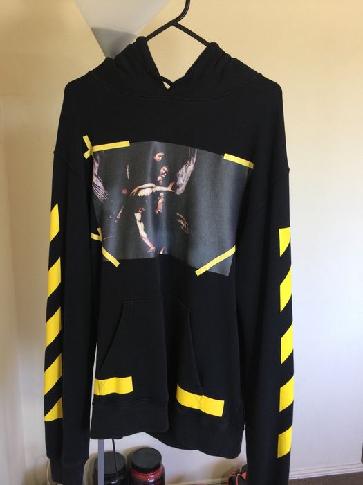 Off white store hoodie yellow stripes