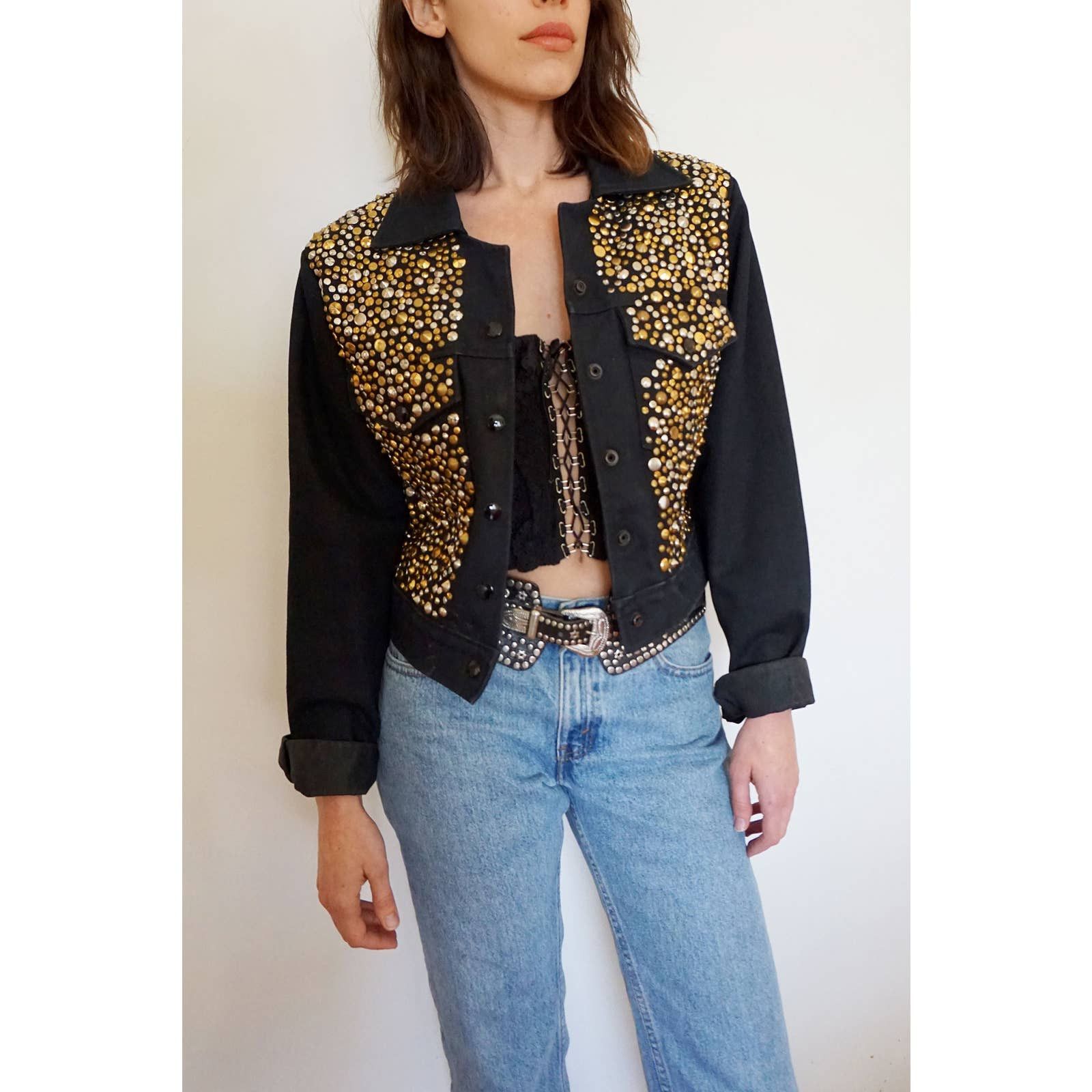 Black Denim Jacket W/ Gunmetal & Bronze Studded Western Details main image 0