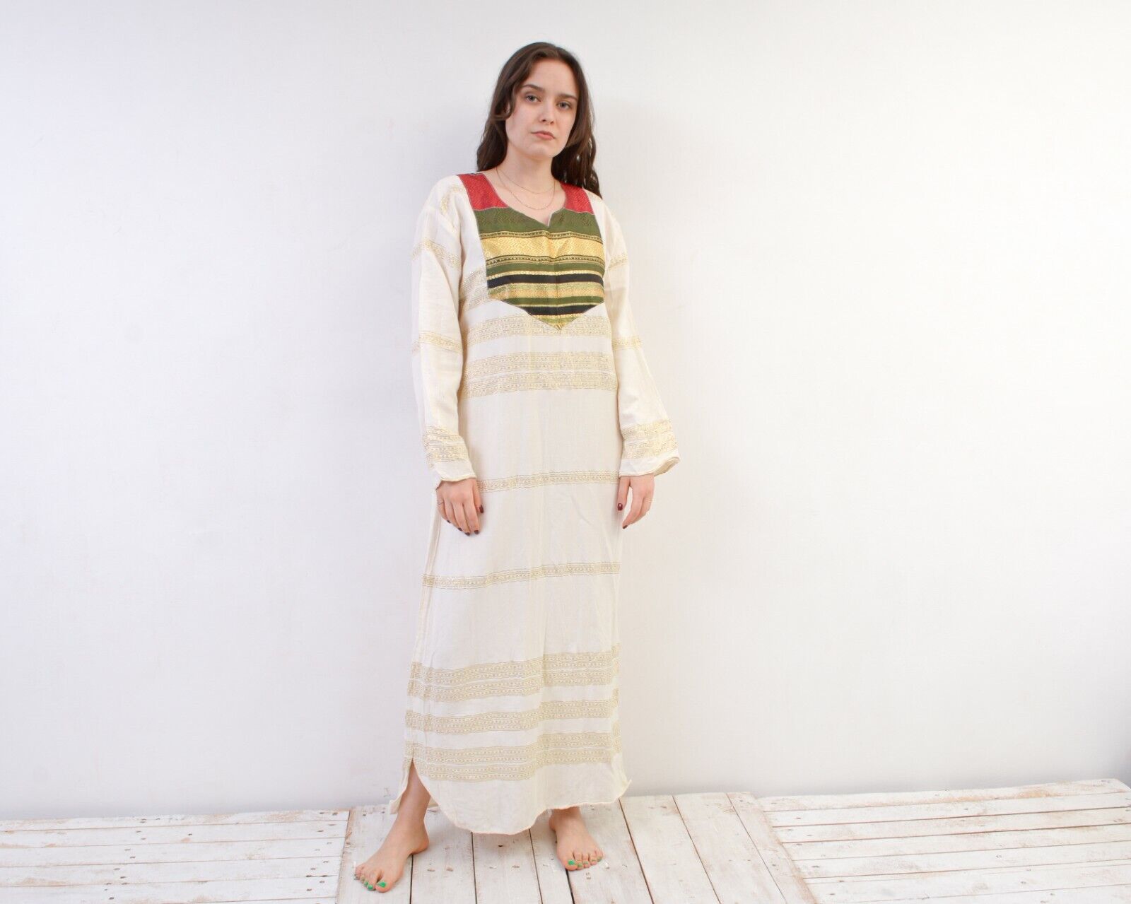 Other × Vintage Long Caftan Dress Embroidered Shimmer Indian White Tunic Size L / US 10 / IT 46 - 1 Thumbnail