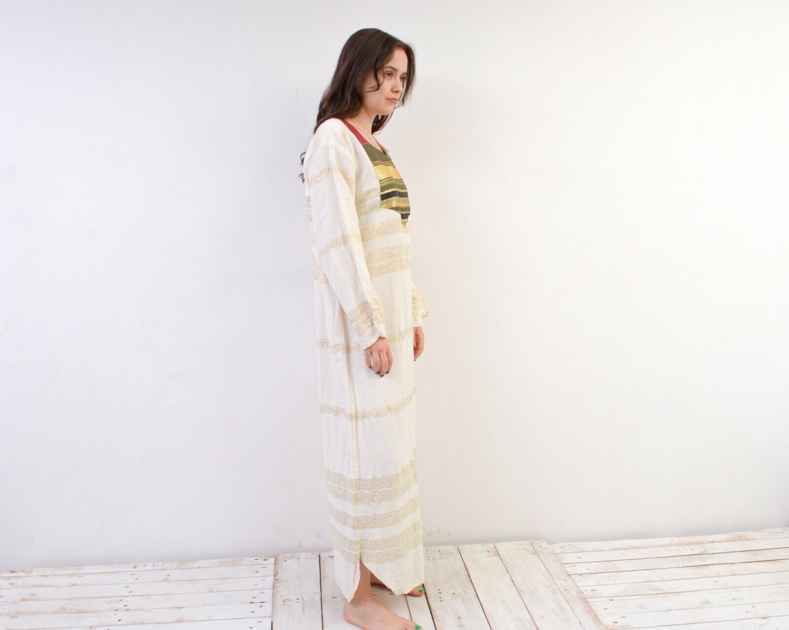 Other × Vintage Long Caftan Dress Embroidered Shimmer Indian White Tunic Size L / US 10 / IT 46 - 2 Thumbnail