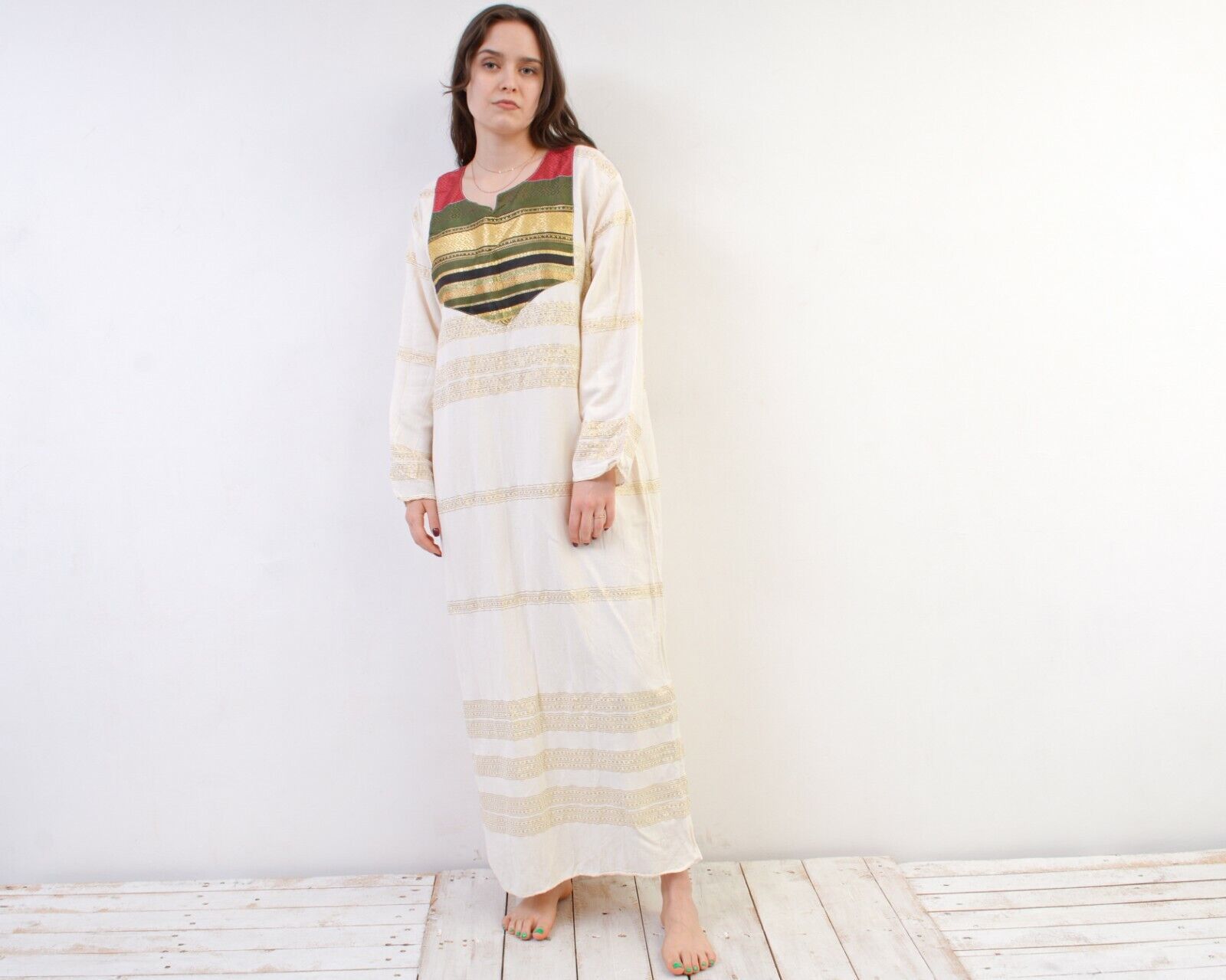 Other × Vintage Long Caftan Dress Embroidered Shimmer Indian White Tunic Size L / US 10 / IT 46 - 3 Thumbnail