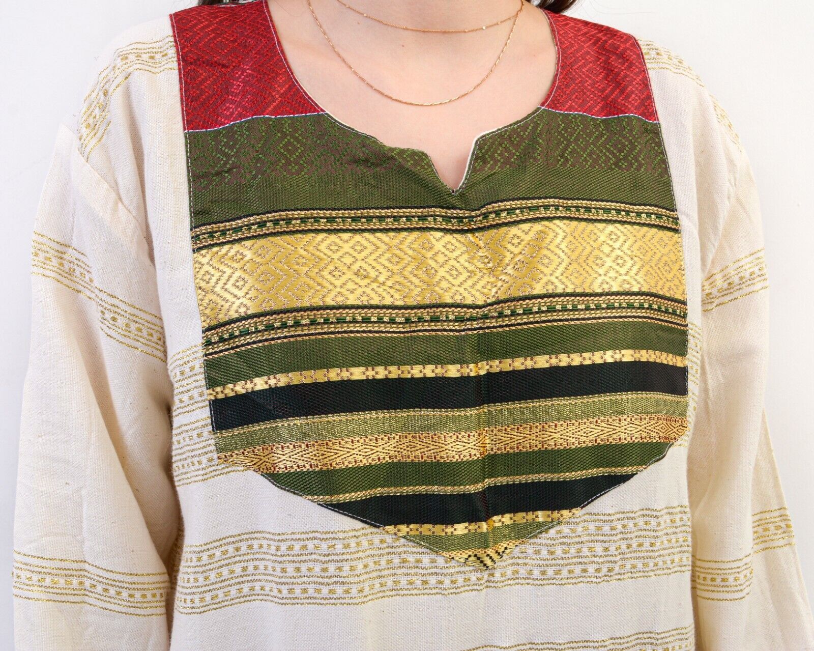 Other × Vintage Long Caftan Dress Embroidered Shimmer Indian White Tunic Size L / US 10 / IT 46 - 6 Thumbnail