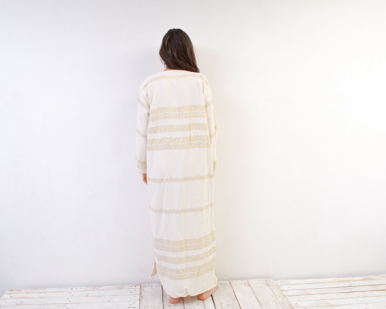 Other × Vintage Long Caftan Dress Embroidered Shimmer Indian White Tunic Size L / US 10 / IT 46 - 4 Thumbnail