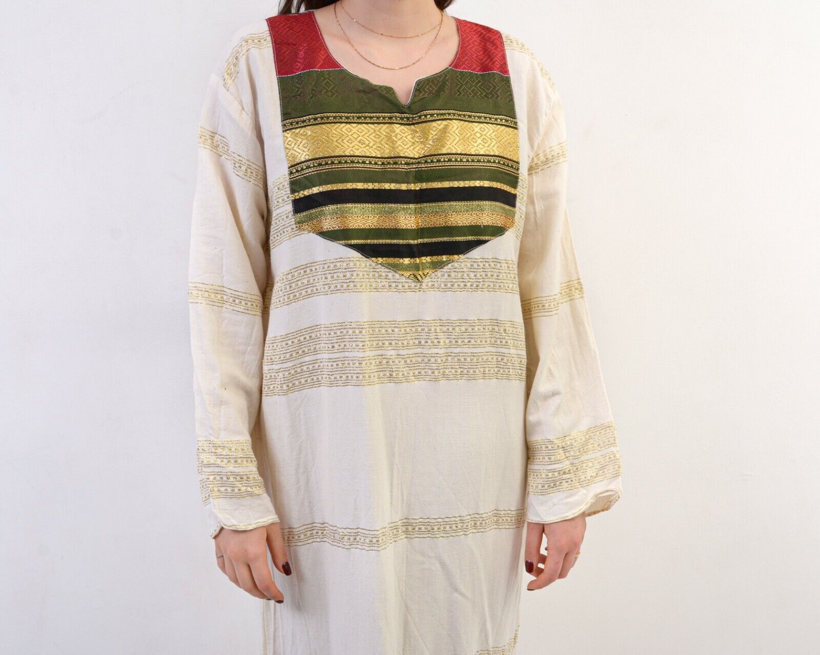 Other × Vintage Long Caftan Dress Embroidered Shimmer Indian White Tunic Size L / US 10 / IT 46 - 5 Thumbnail